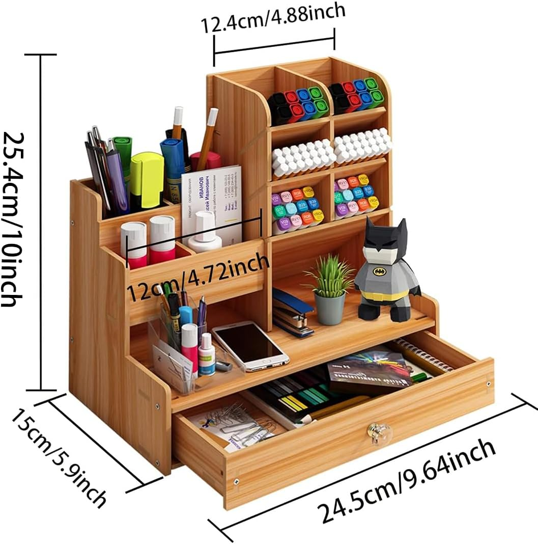 AIMALL Multitier Stationery Storage Rack with Drawer, Large Capacity Desktop Organizer for Pens, Documents, Office Supplies, 9.65"X10"X5.91" image number 3