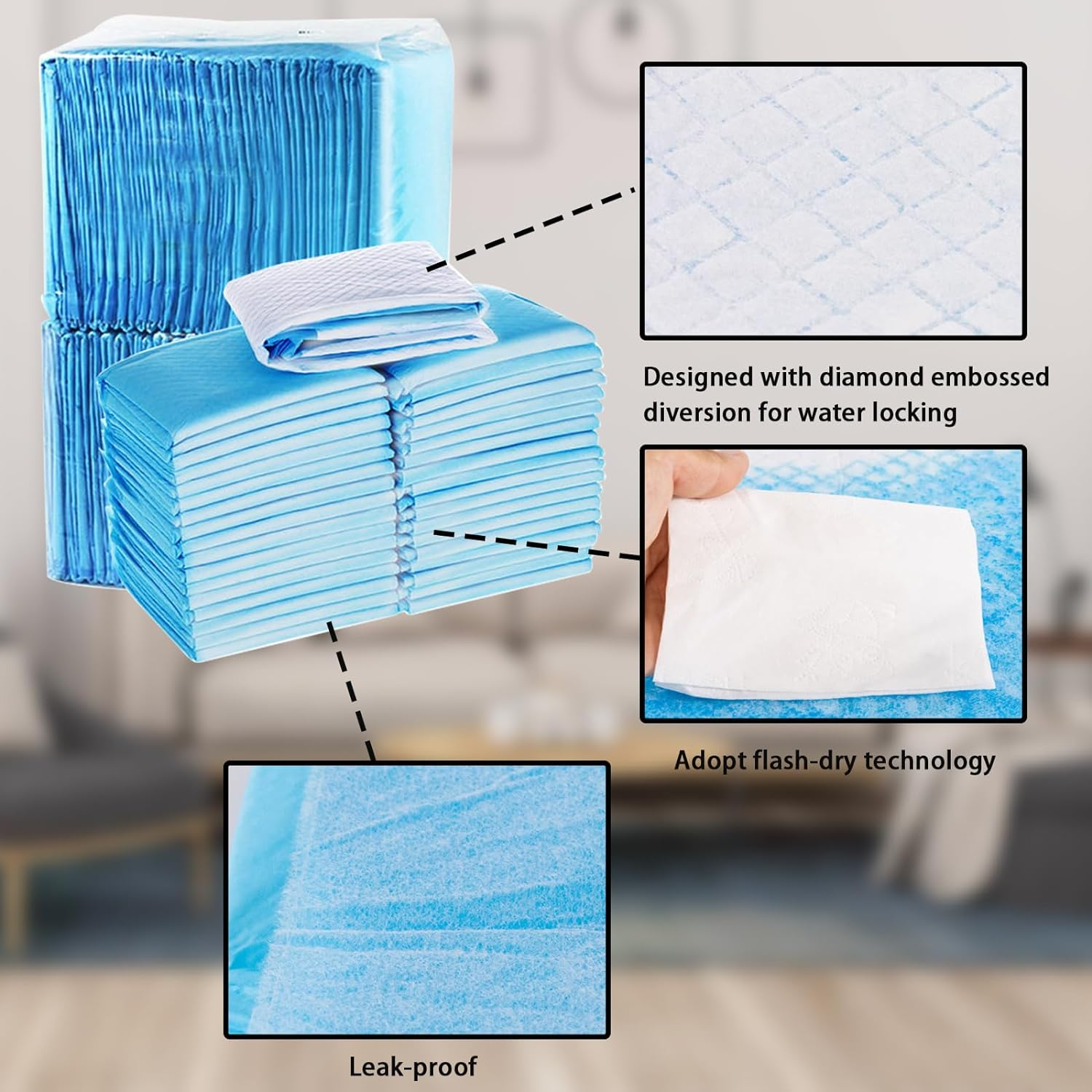 50Pcs 60X60Cm Disposable Pet Training Pads, 6 Layers Large Puppy Pee Training Pads Pet Training Pee Pads Super Absorbent & Leak-Proof Piddle and Potty Pads Pee Mats for Dogs, Cats, Pet (Blue) image number 3