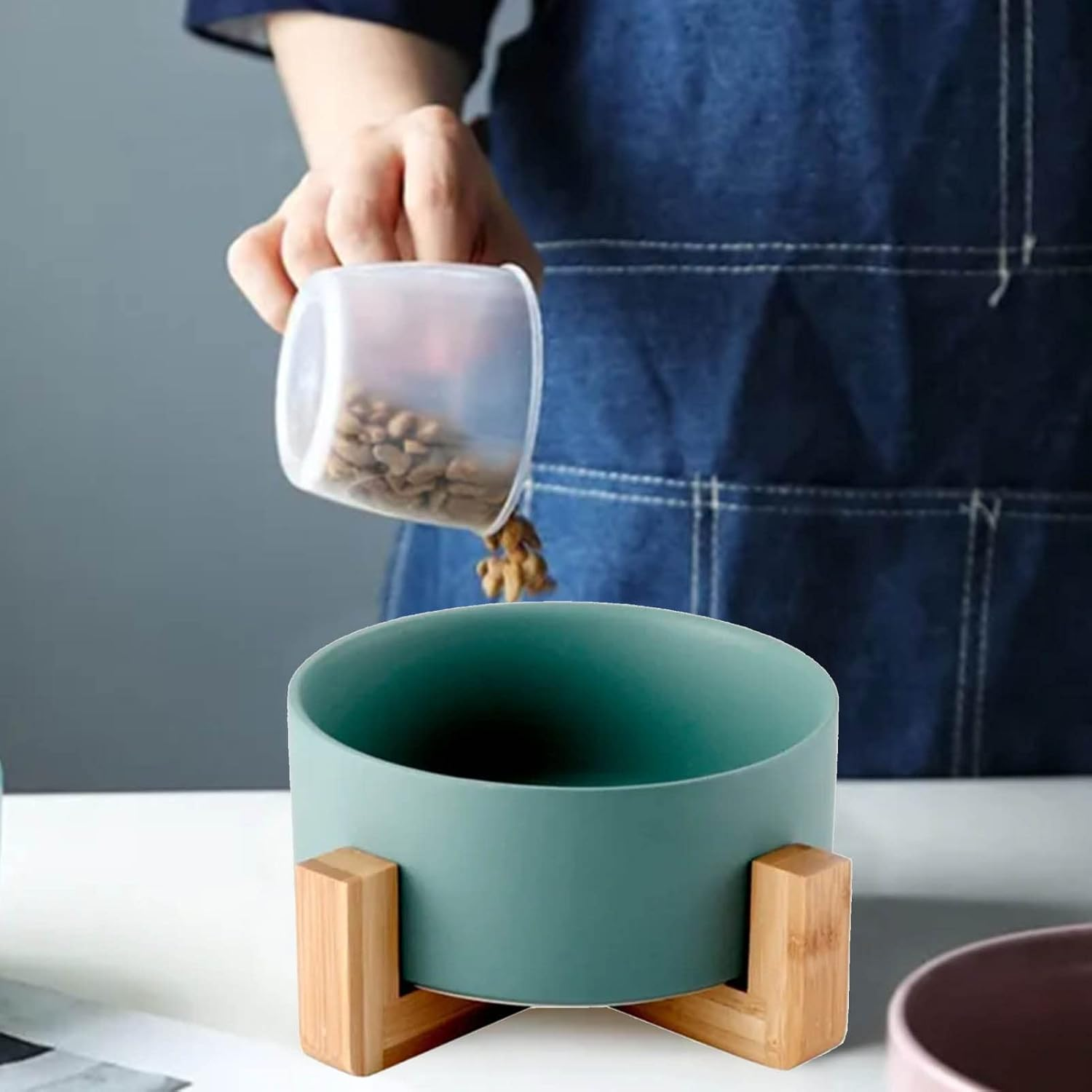 Ceramic Dog Cat Bowl, Multipurpose Large Capacity Pet Bowl with Wooden Stand for Cats Dogs Pets, Neck Guard Pet Feeding Bowl Pet Dish for Food Water Feeding image number 4