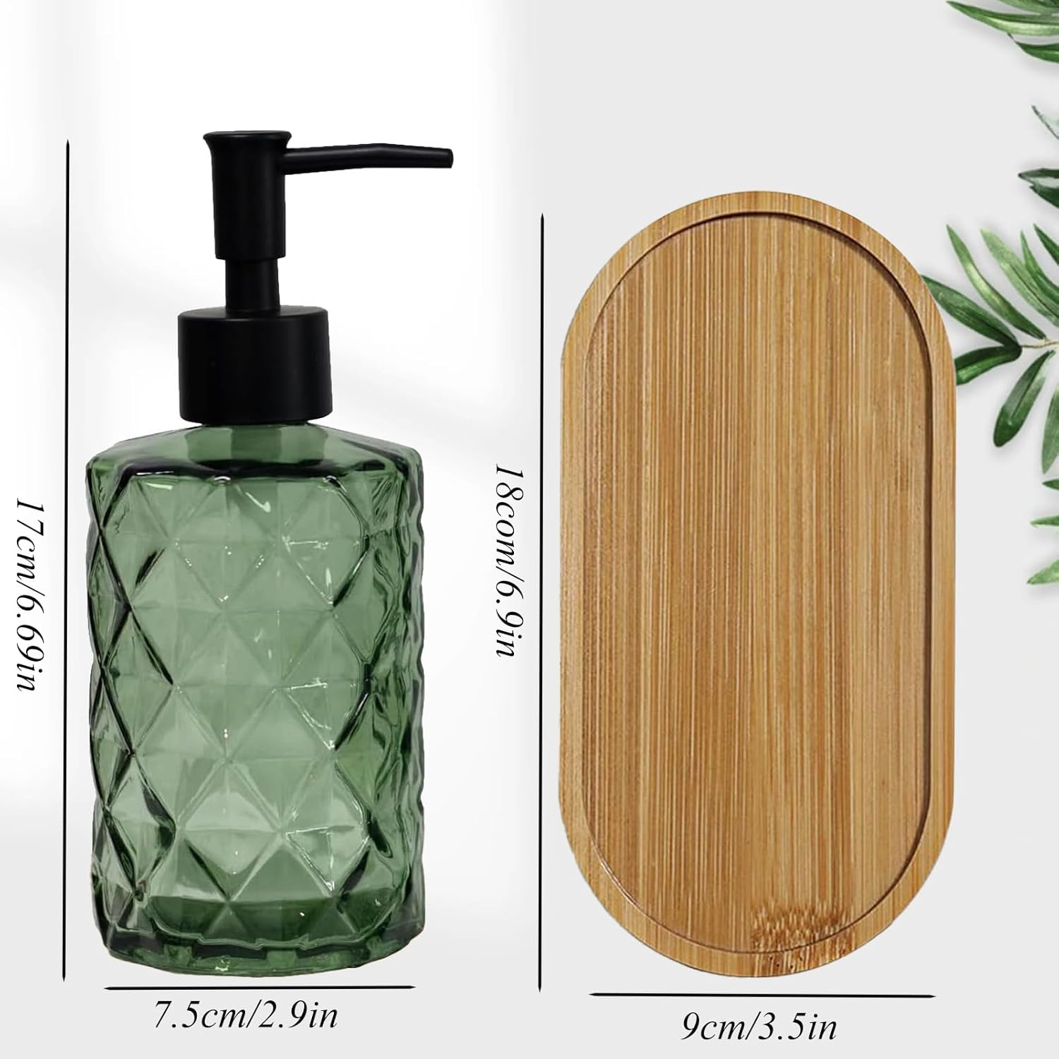 Glass Hand and Dish Soap Dispenser Set of 2 with Plastic Pumps, Bamboo Tray, 12Oz Green Bathroom Soap Dispenser with Diamond for Hand Wash & Dish Wash, Ideal for Bathroom Kitchen Countertop - Green Diamond image number 6