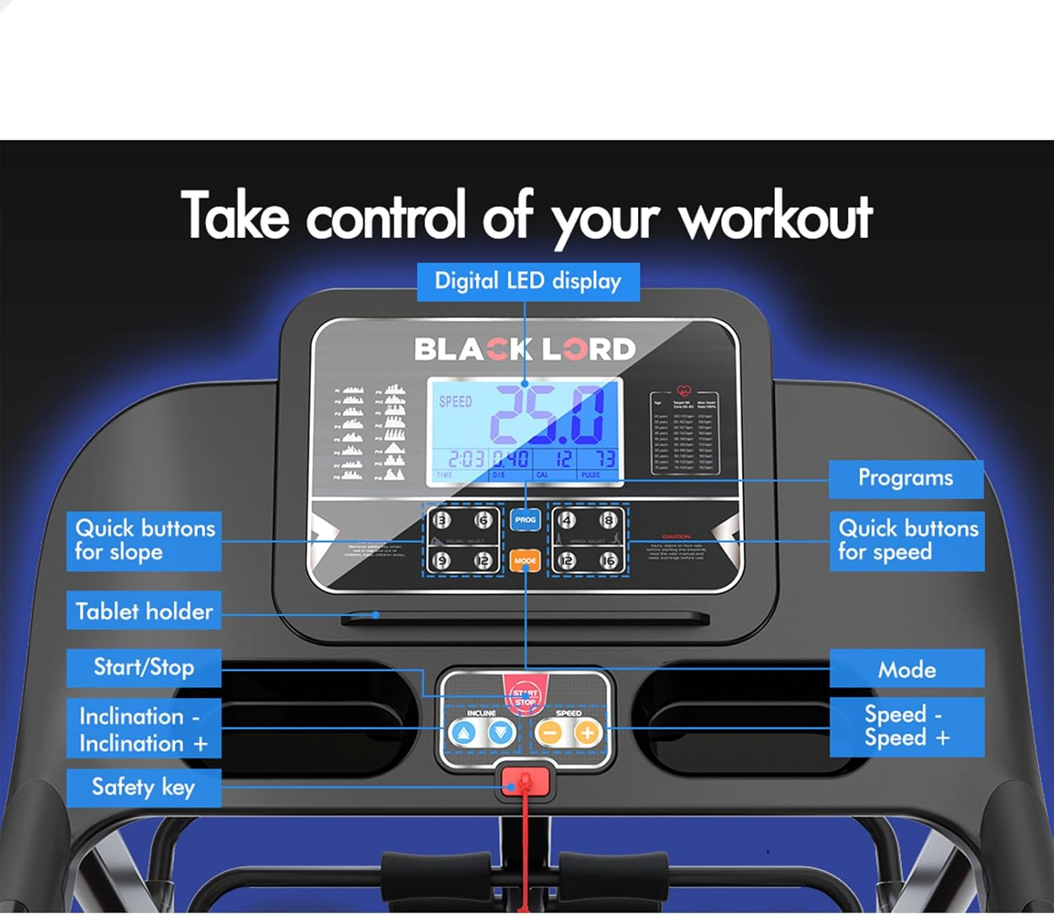 BLACK LORD Treadmill Foldable Running Machine Auto Incline Fitness Equipment 5.3 HP Electric Exercise Walking Jogging Hiking Cardio Aerobic Trainer Home Gym Office Commercial (EXP66 Epic Series) image number 6