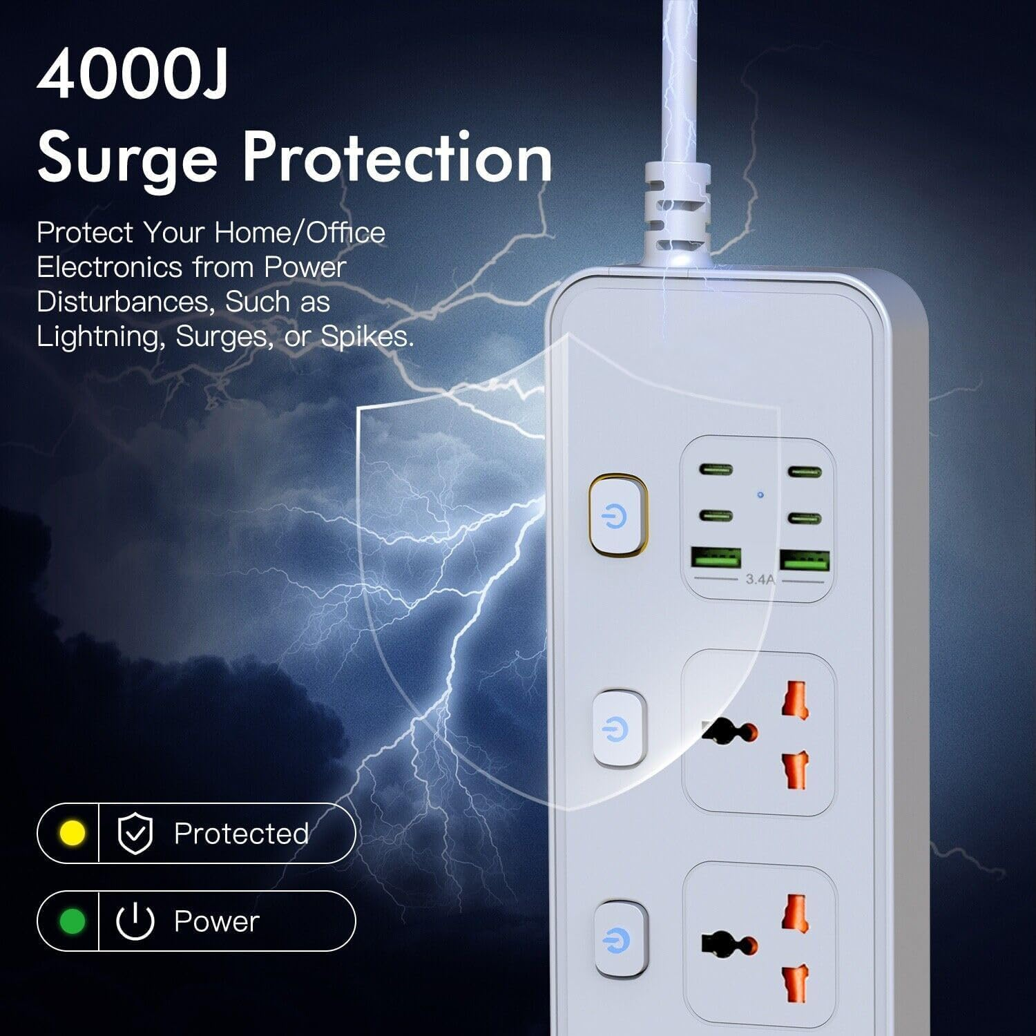 Extension Cable with USB Slots, 4-Way Sockets with 4 USB-C Ports and 2 USB Ports, 3250 W Single Switch, 1.8 M Extension Cable with Protected Power Strips, EU Multi Plug Adapter, White image number 2