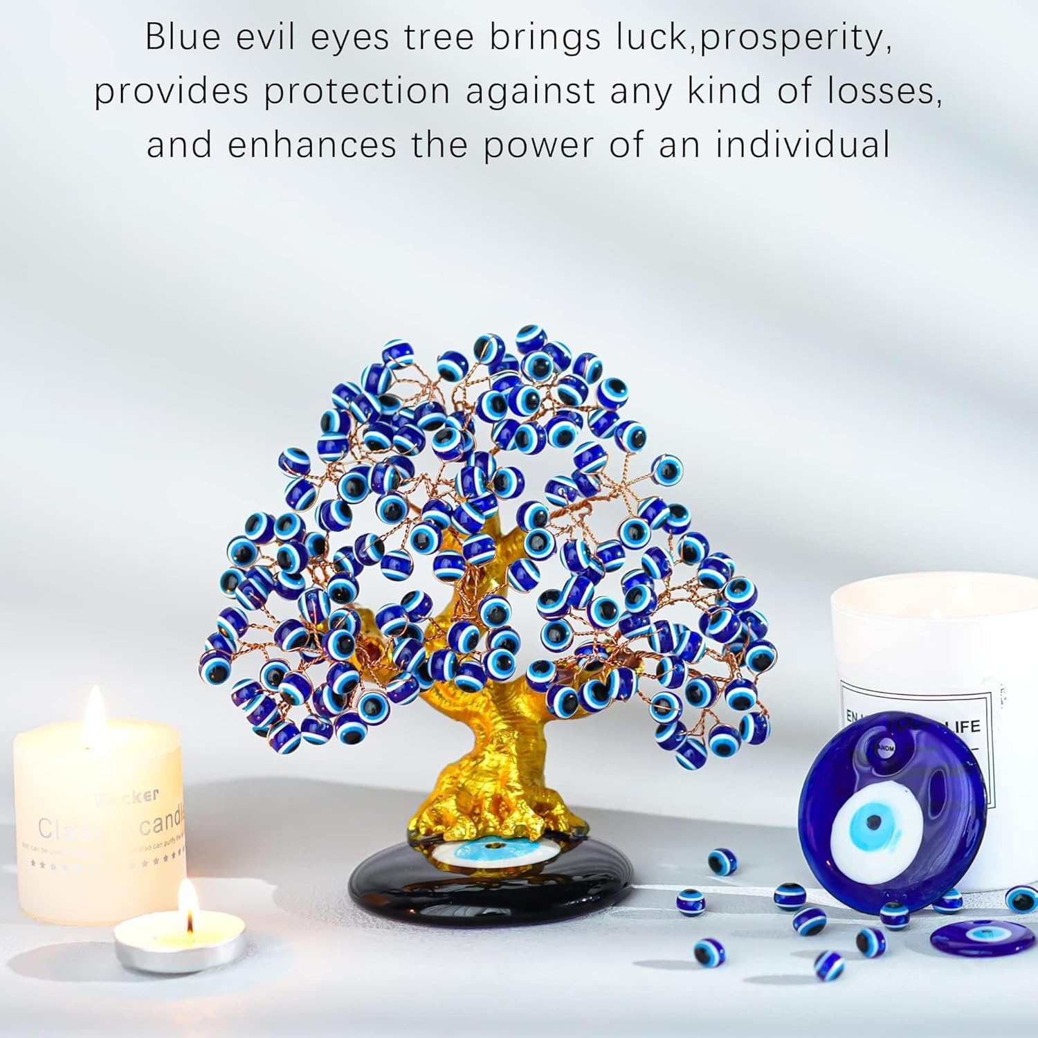YU FENG 6.8Inch Turkish Nazar Blue Evil Eye Tree, Evil Eye Coaster Tree for Protection Good Luck Prosperity Gift Showpiece for Home Table Office Decor image number 2