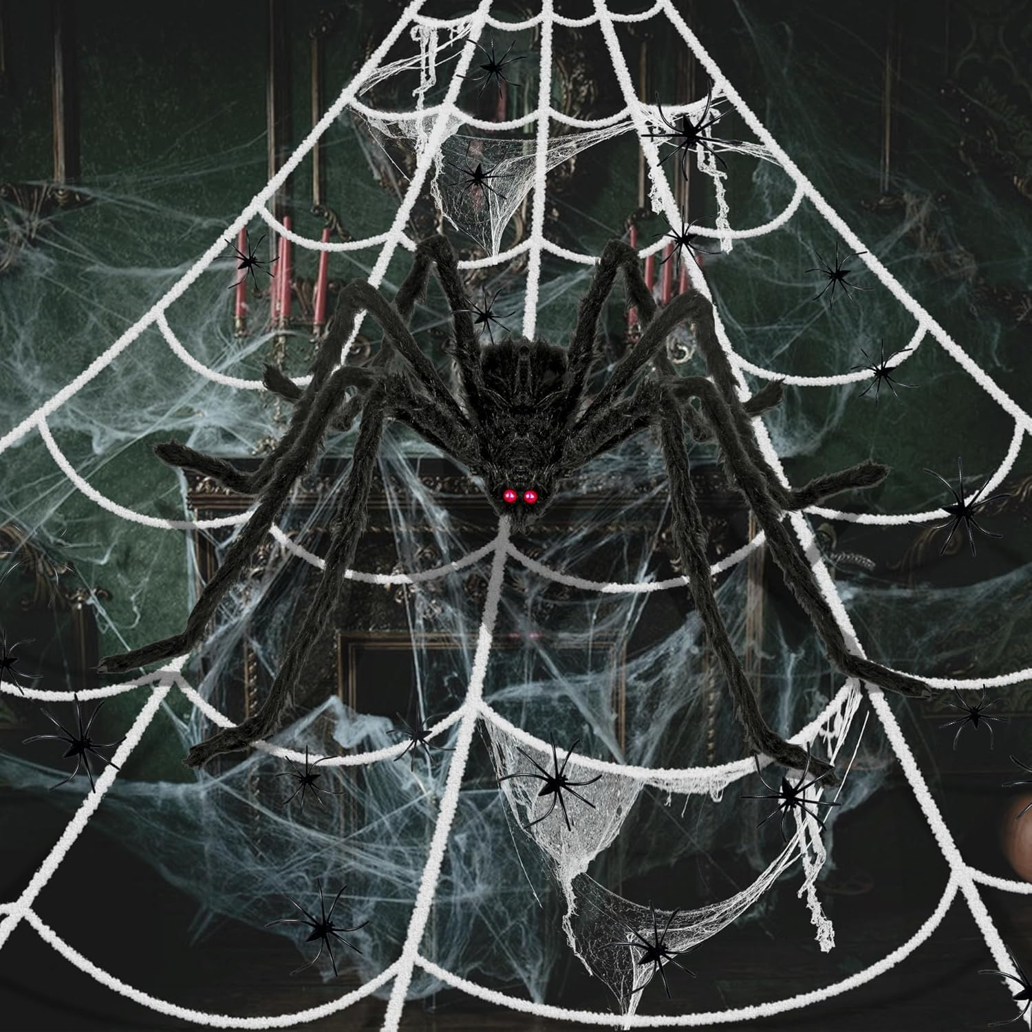 Halloween Spider Web Decorations Outdoor, 7 * 5.5M Triangular Spider Web 1.5M Giant Spiders, 20Pcs Small Spiders and Cotton for Indoor outside Halloween Decor Party Yard Lawn Home Garden Haunted House