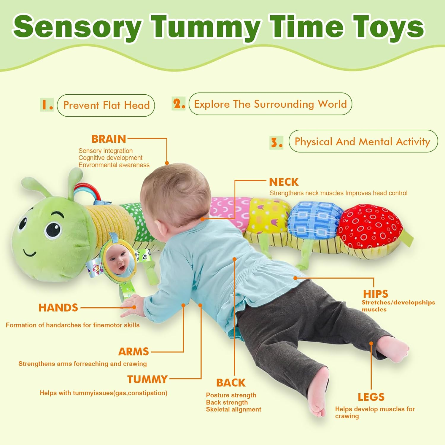 Baby Sensory Toy 0-6 Months Tummy Time Musical Stuffed Animal Caterpillar Toy with Baby Mirror Crinkle Rattle and Rattles for Infants 6-9-12 Months Newborn Girls Boys Baby Gift