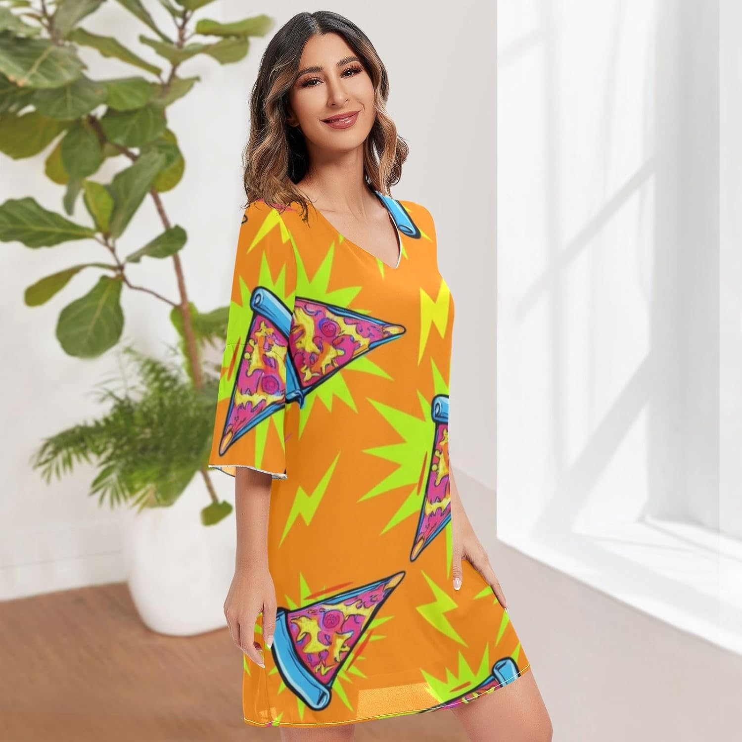 Cartoon Pizza Orange Casual Chiffon Dress Printed Line Maternity Dress S-XXL image number 2