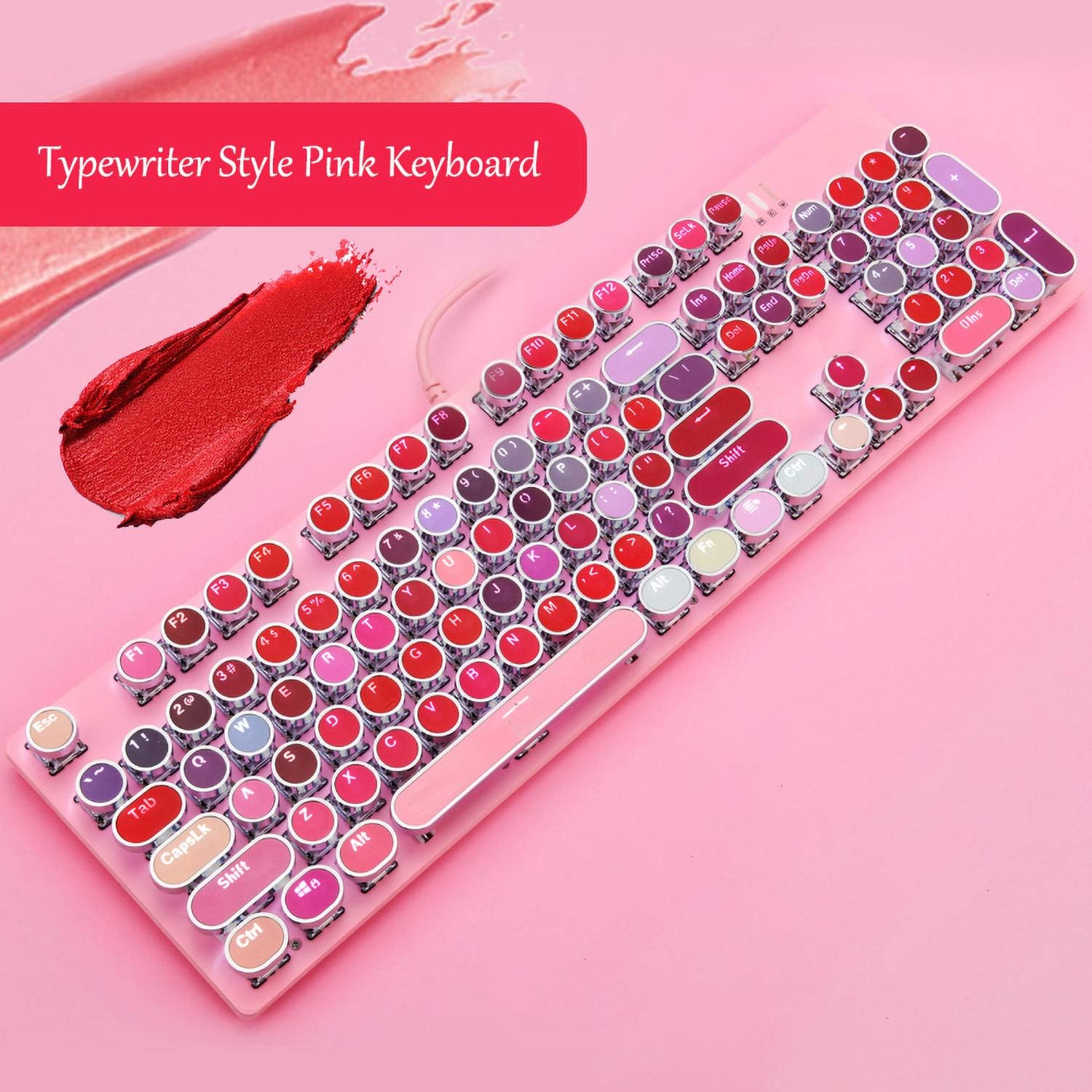 Typewriter Keyboard with White LED Backlit, Retro Steampunk Vintage Style Mechanical Gaming Keyboard 104 Keys Anti-Ghosting Blue Switch round Keycaps Metal Panel Wired USB for PC and Mac, Pink image number 4