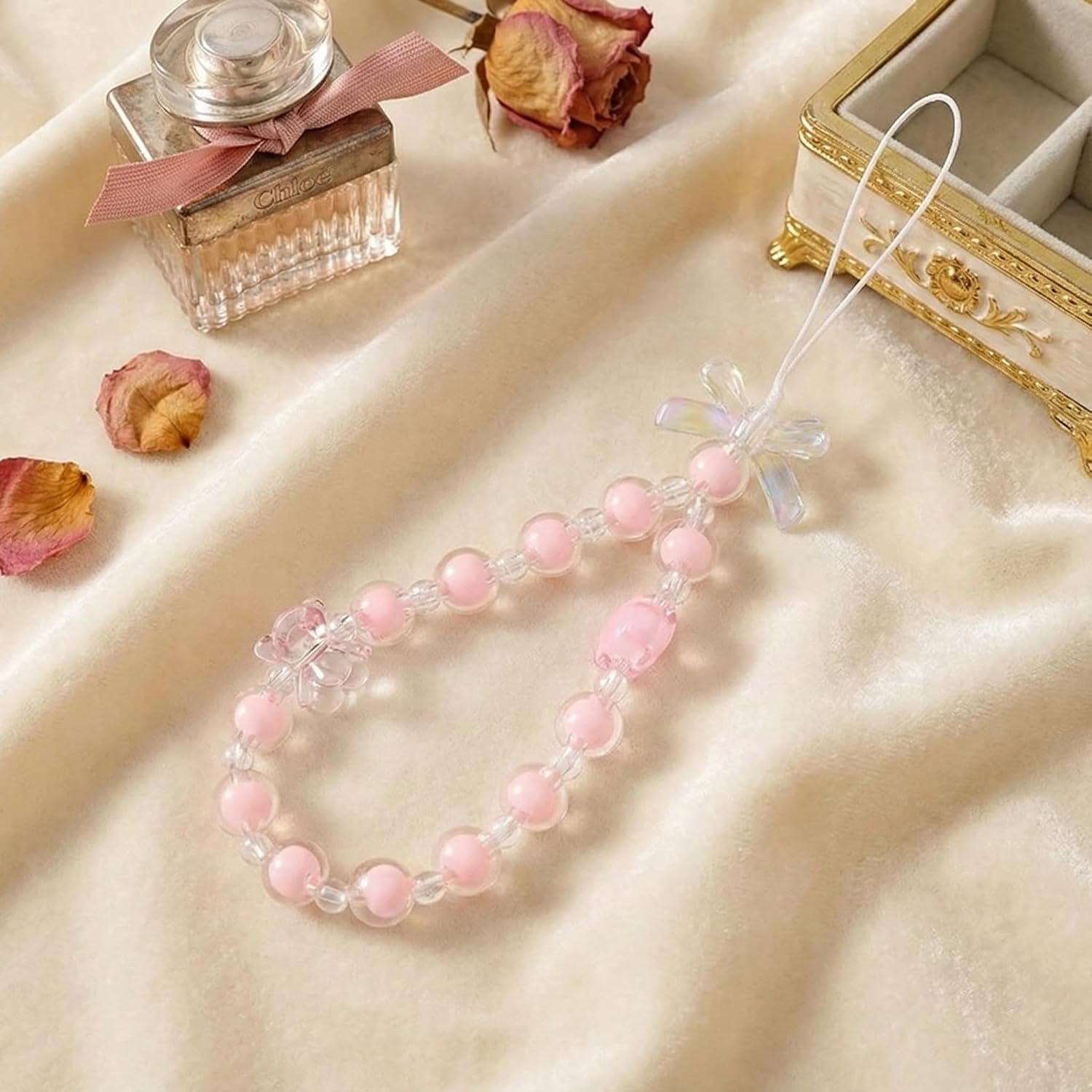 IMTKOOCO 2 PCS Aesthetic Phone Charm - Crystal and Pearl Beaded Phone Strap with Wrist Strap for Women and Girls Cute Keychain and Bag Accessory Phones Wrist Strap image number 2