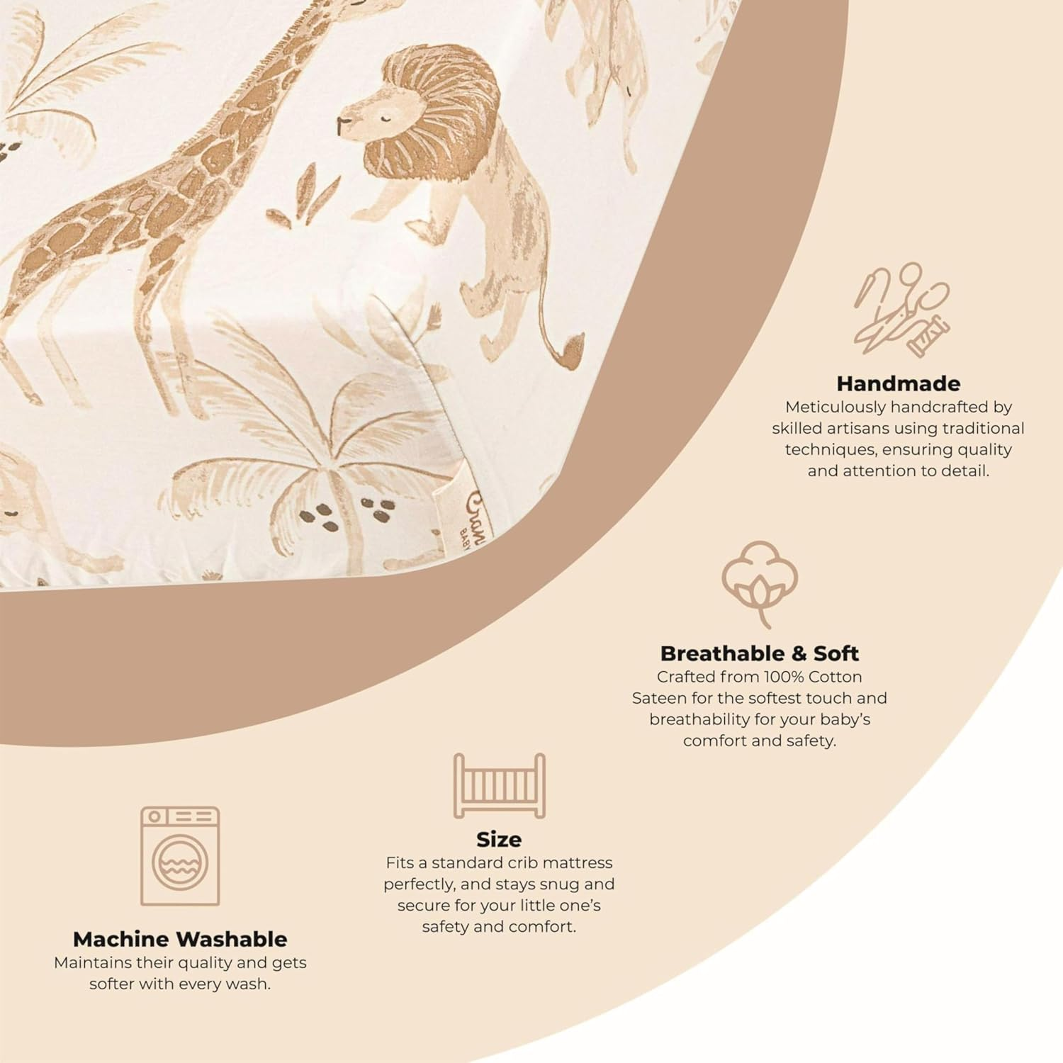 Crane Baby Soft Cotton Crib Mattress Sheet, Fitted Crib Sheet for Boys and Girls, Safari Animal, 28&rdquo;W X 52&rdquo;H X 9&rdquo;D, Multicolor, Small Single image number 4