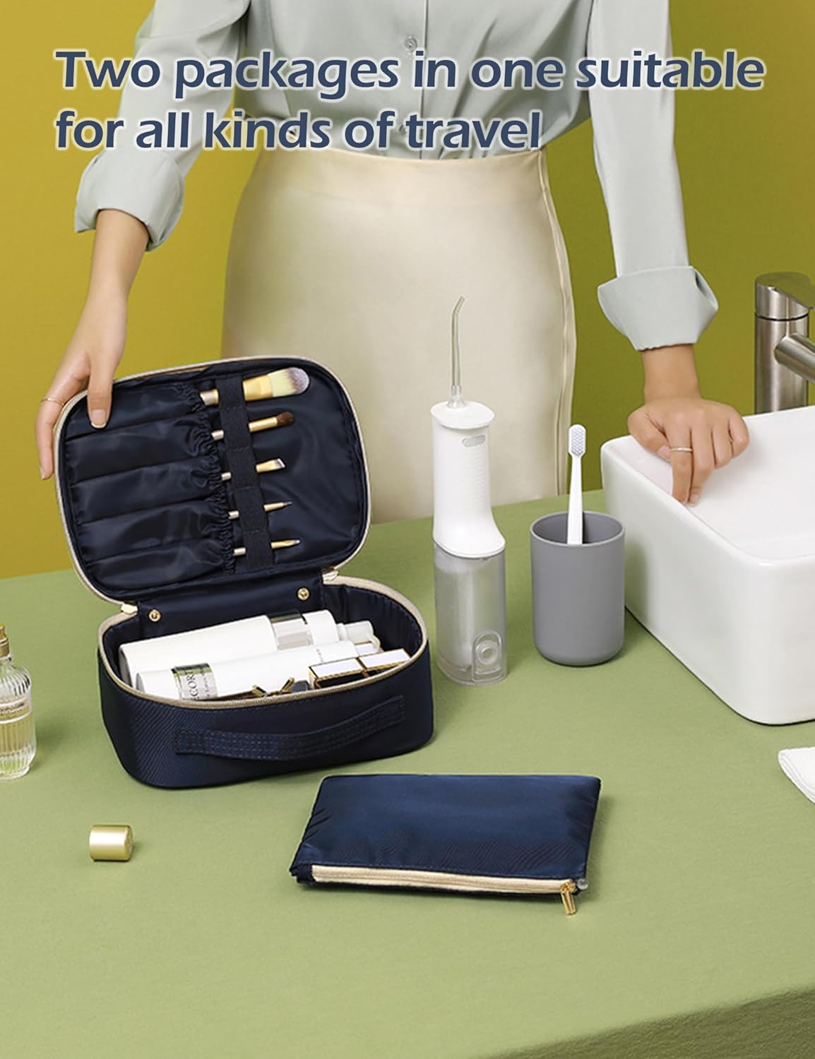 Travel Makeup Bag, Portable Cosmetic Bag, Toilet Bag, Fashionable and Detachable, Large Capacity Handheld Makeup Storage Bag Toiletry Jewelry Accessories for Women Girls, Traveler (Blue) - Blue image number 6