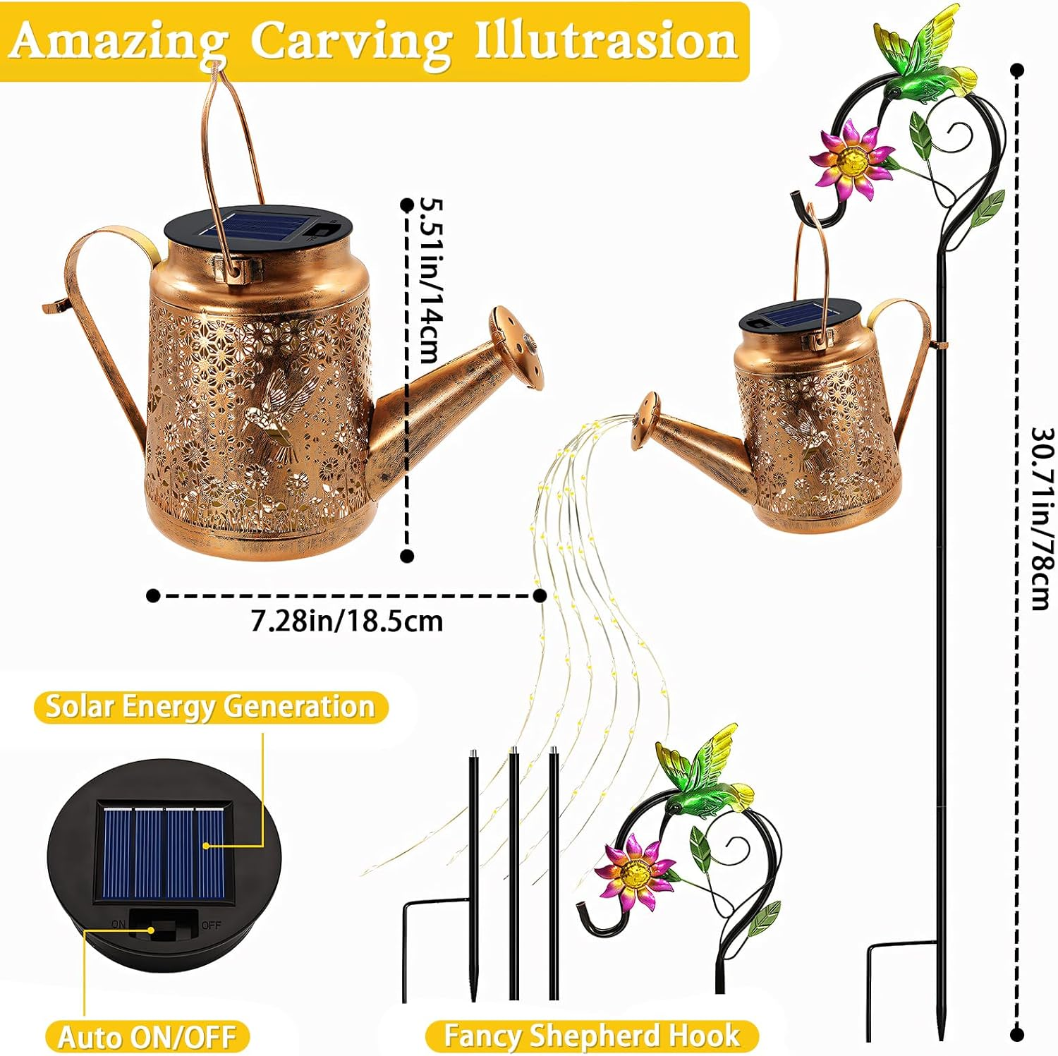 Solar Watering Can Lights, Hummingbird Hanging Lanterns Outdoor, Gardening Gifts for Mom Women Grandma Birthday, Waterproof Solar Lights Garden Decor for outside Yard Art Patio Porch Lawn Backyard image number 4