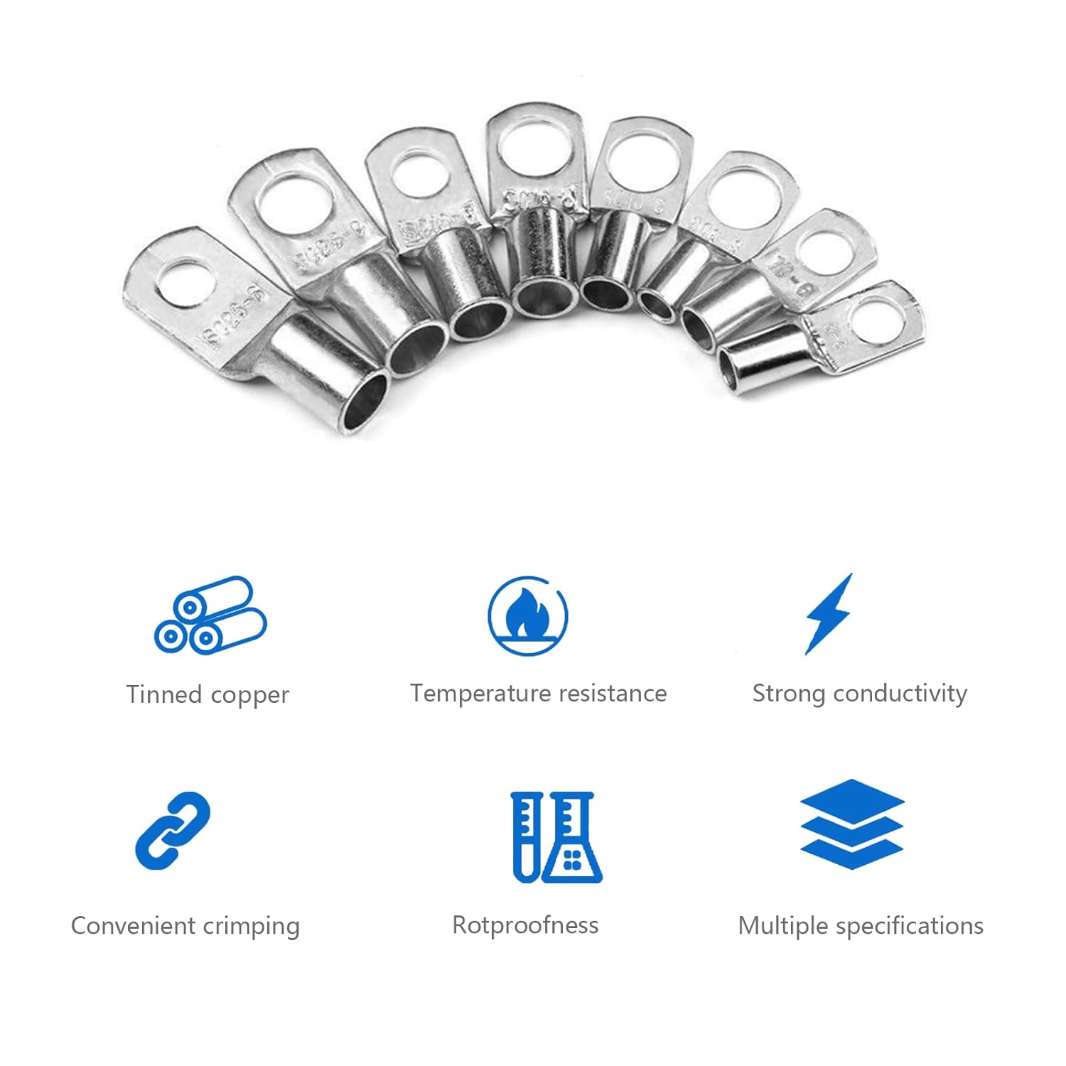 120PCS Heavy Duty Tinned Battery Cable Ends, 10~70Mm&sup2; Copper Eyelets Tubular, Wire Lugs Ring Terminals Connectors with Spy Hole Assortment Kit image number 1