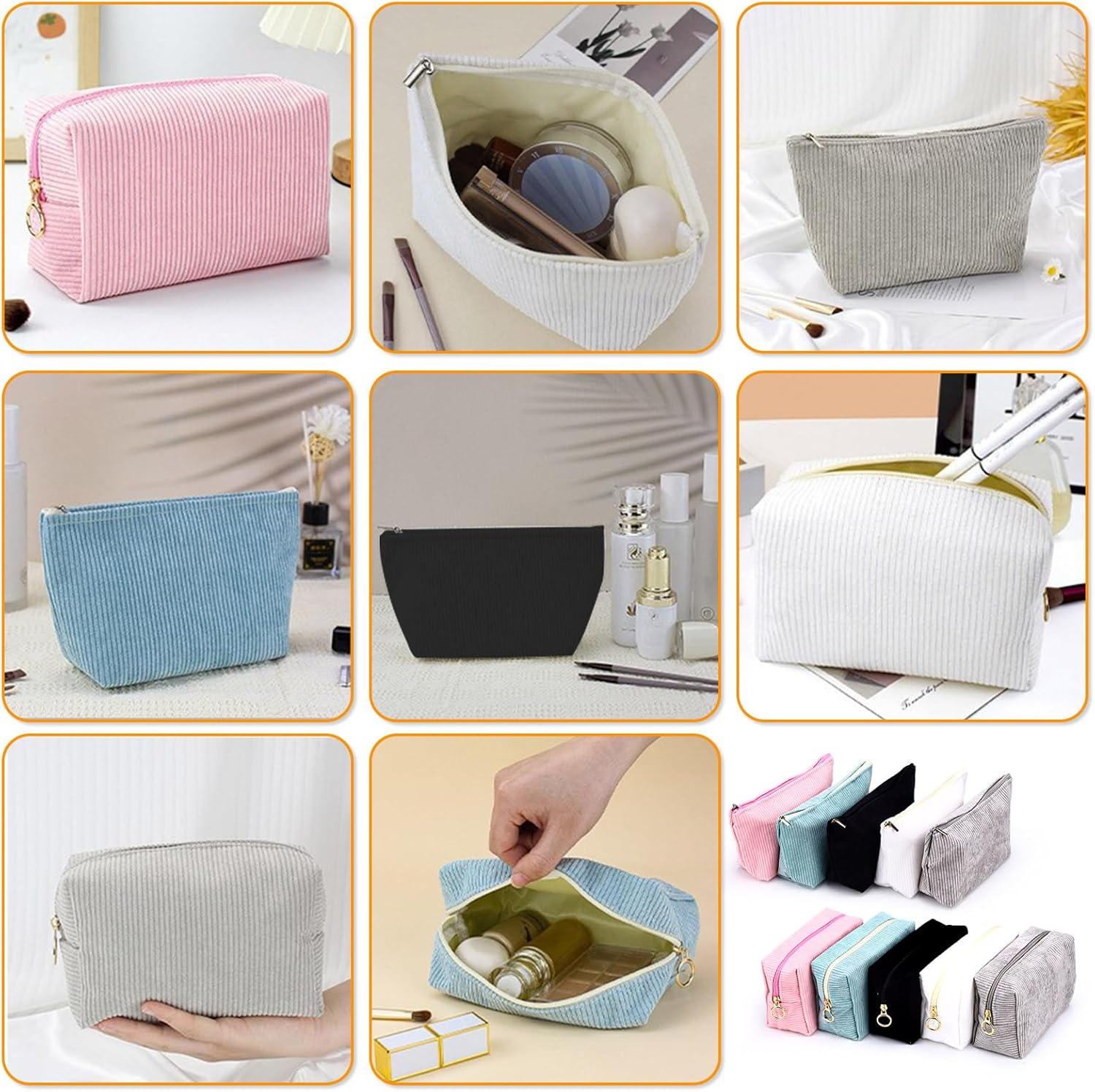 Huakaile 2 Pieces Corduroy Makeup Bag Set, Small Cosmetic Pouch Case with Zipper, Cute Travel Toiletry Bag Organizer for Girls Women Gifts Purse Storage (Pink) image number 3