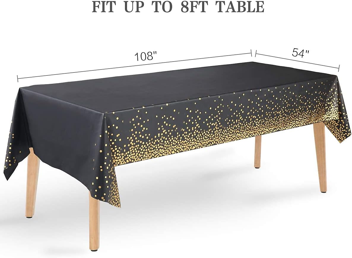 8 Packaging Black and Gold Plastic Tablecloth, 54 Inch X108 Inch Rectangular Disposable Dot Party Table Cover, Suitable for Birthday, Graduation, Restaurant, Wedding Decoration Tablecloth image number 2