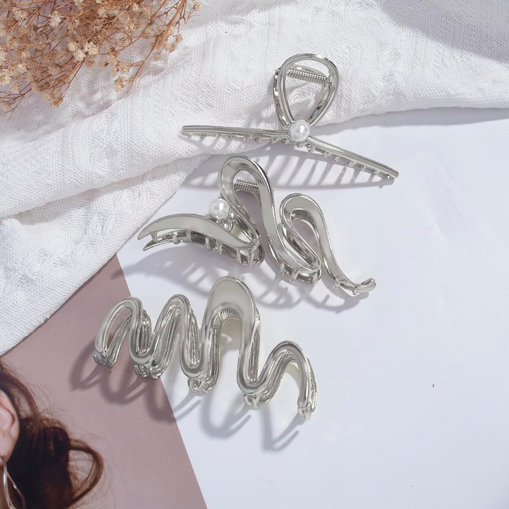3 Pack Hair Claw Clips for Thick Long Hair, Silver Metal Wave Cross with Peal Big Jaw Clamps Hair Accessories for Women, Fashion Elegant Aesthetics Variety Hairgrip Styling Tools