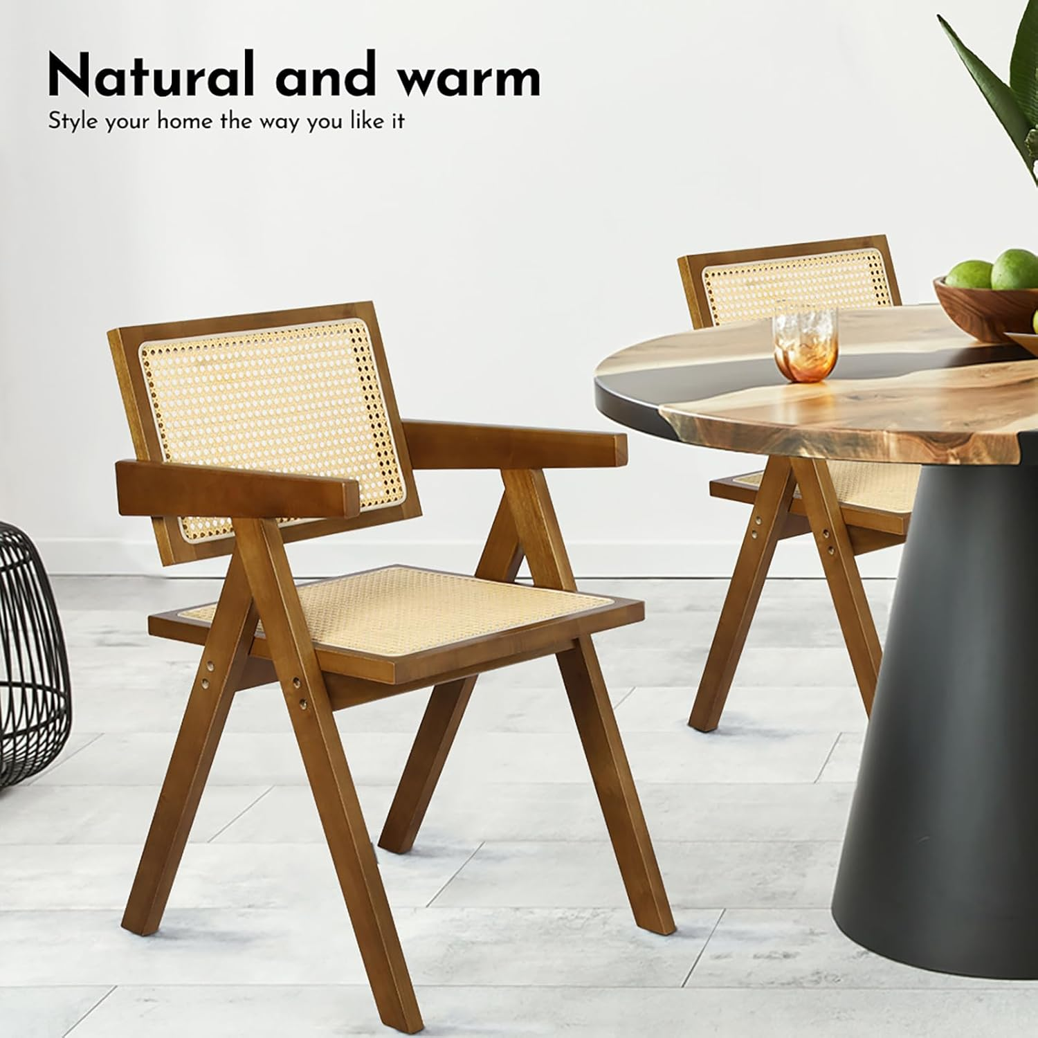 LEVEDE Dining Chairs Solid Wood, Wicker Chairs with Breathable Rattan Mesh Seat, Casual Reading Seat, Home Furniture for Dining Room, Living Room, Courtyard, Cafe, Camping (Walnut Brown) - Black image number 6