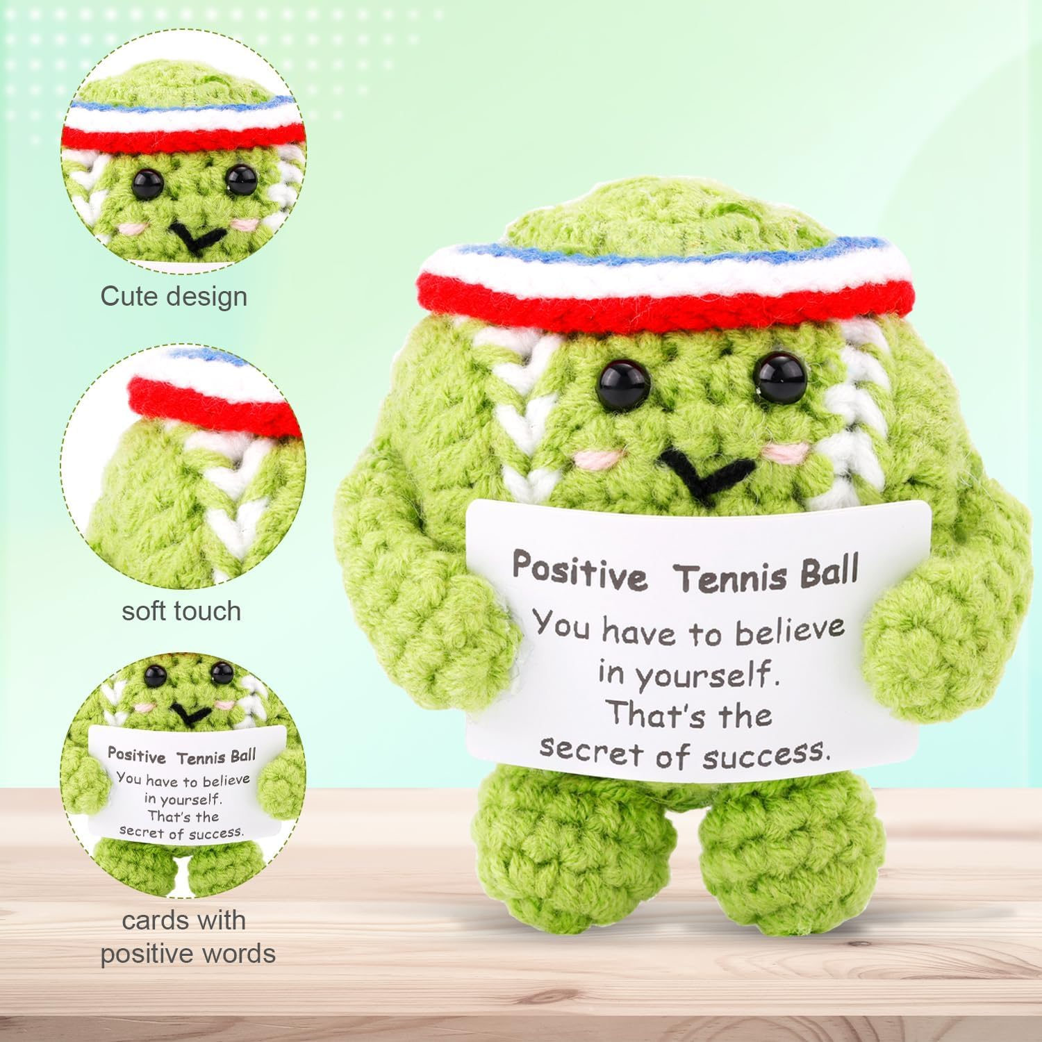 Positive Tennis Ball, Cute Funny Crochet Inspirational Tennis Ball Positive Knitted Animal Doll Crochet Toy with Positive Card for Sports Lover Friends Party Decorations image number 1