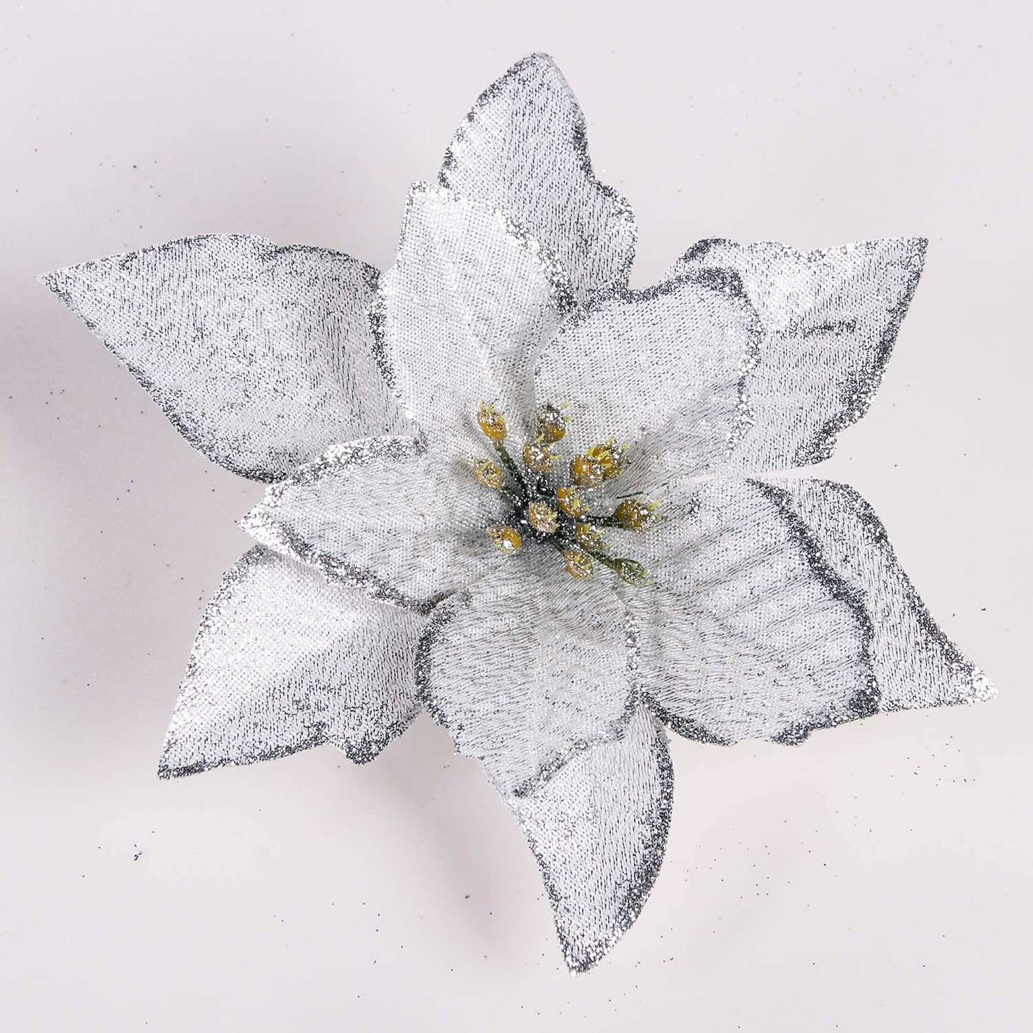 Poinsettia Christmas Decorations 13Pcs Poinsettia Christmas Tree Ornaments Glitter Artificial Poinsettia Flowers for Xmas Decorations (Silvery) image number 2