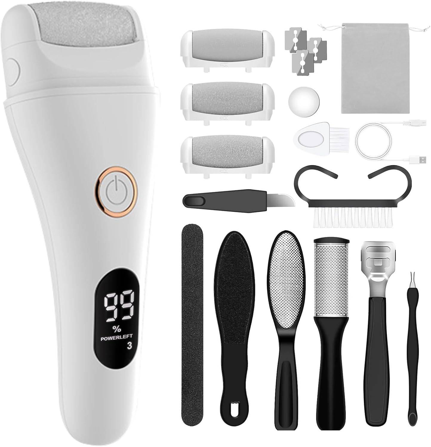 Electric Callus Remover - Callus Removal Foot Electric - Electric Callus Remover with 3 Gears, 6 Replacement Rollers, Waterproof Foot File for Cracked Heels, Callus Removal (White-6)