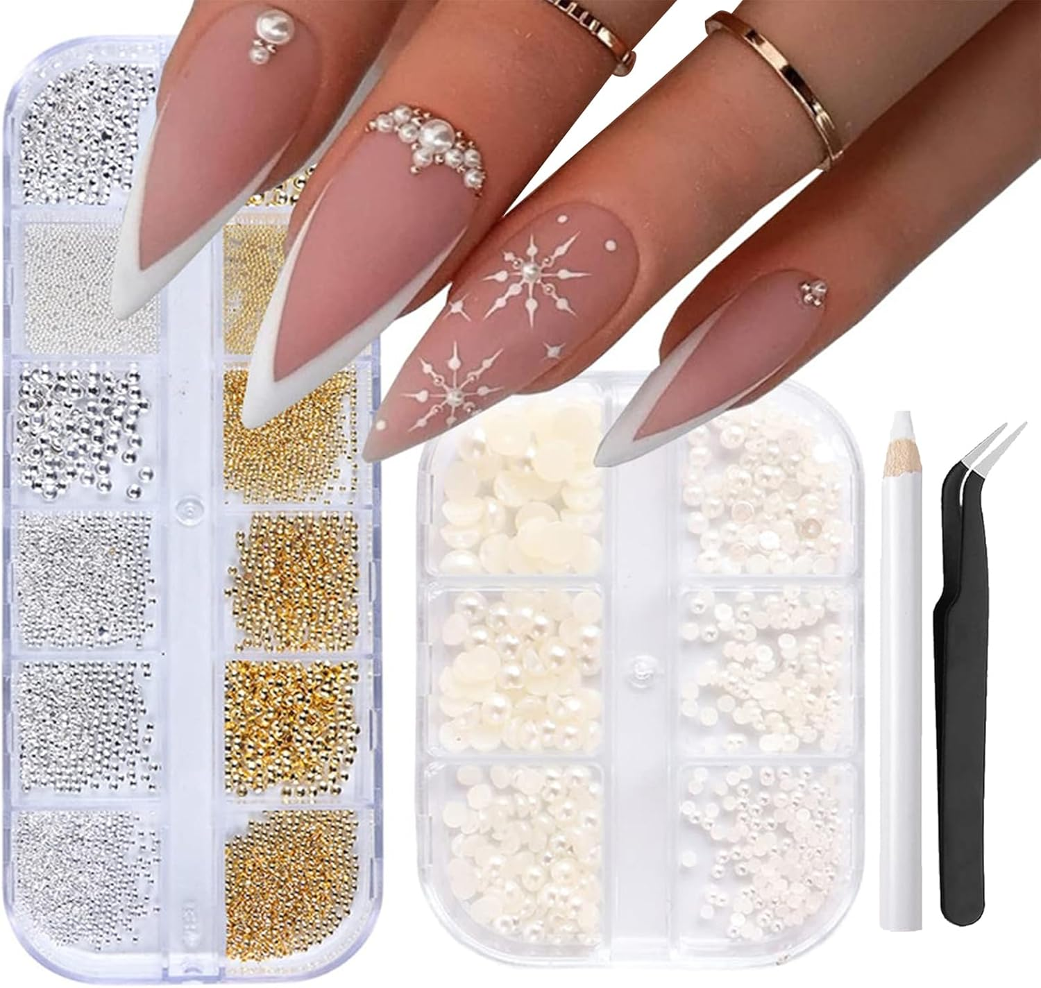 Lunarcharm Pack of 2 Nail Art Beads with Tweezers Flat Back Beads Nail Charms Gold Silver Nail Art Supplies Design Nail Accessories Rhinestone Mixed Rhinestones Nails image number 2