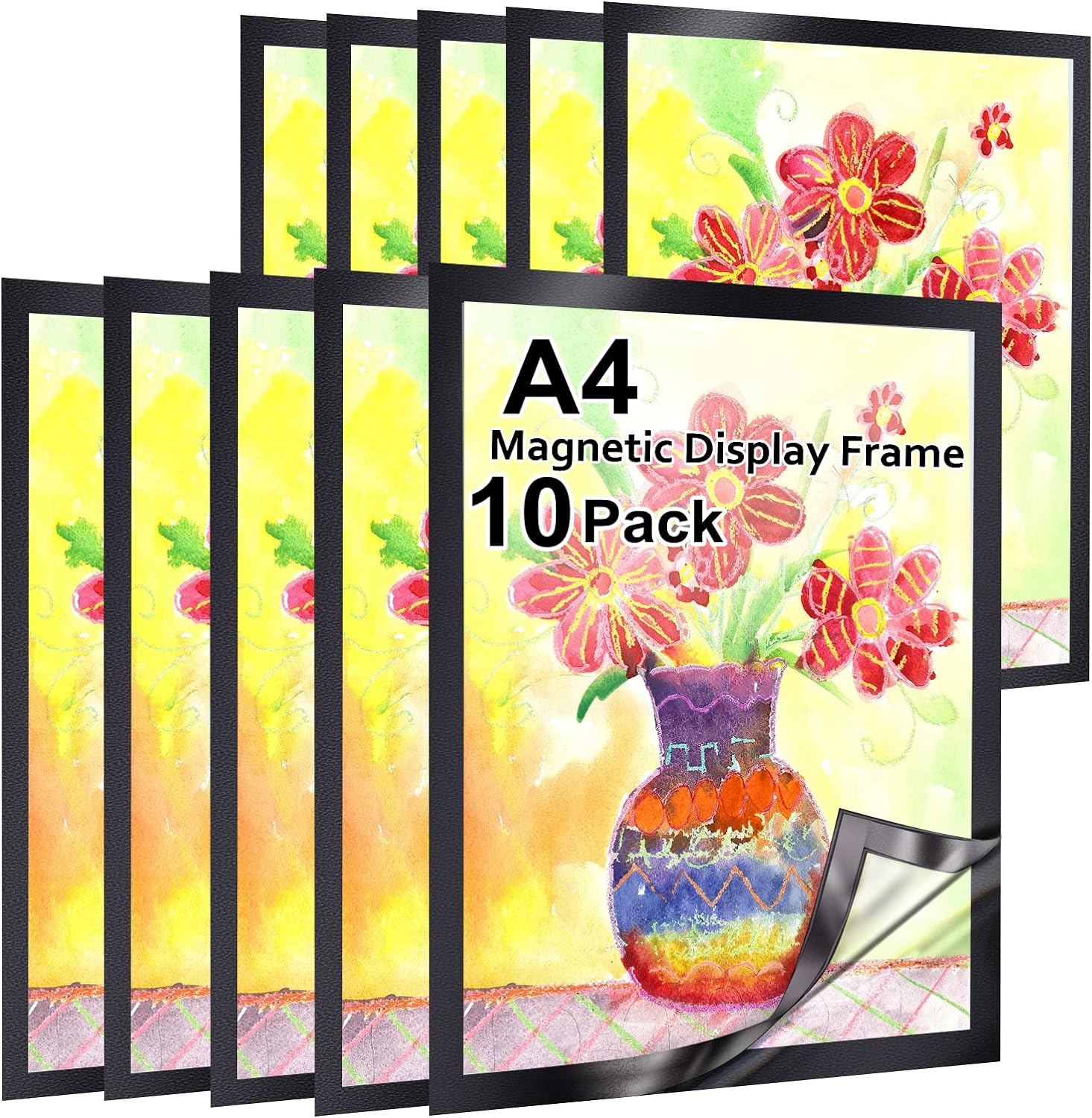 Gocoffun A4 Magnetic Sign Holder, 10 Pack Self-Adhesive Magnetic Frame, Waterproof Clear Display for Home, School, Store, Notice, Picture (Black)