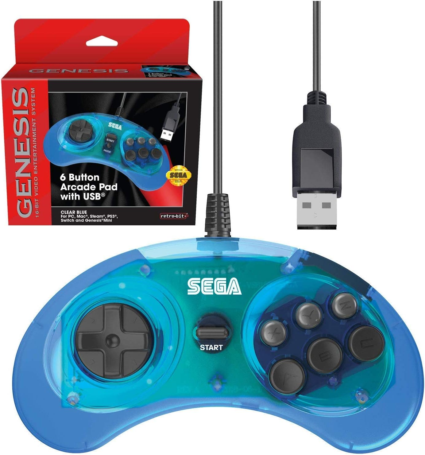 Retro-Bit Official Sega Genesis USB Controller 6-Button Arcade Pad for Sega Genesis Mini, PS3, PC, Mac, Steam, Nintendo Switch - USB Port (Clear Blue) image number 4