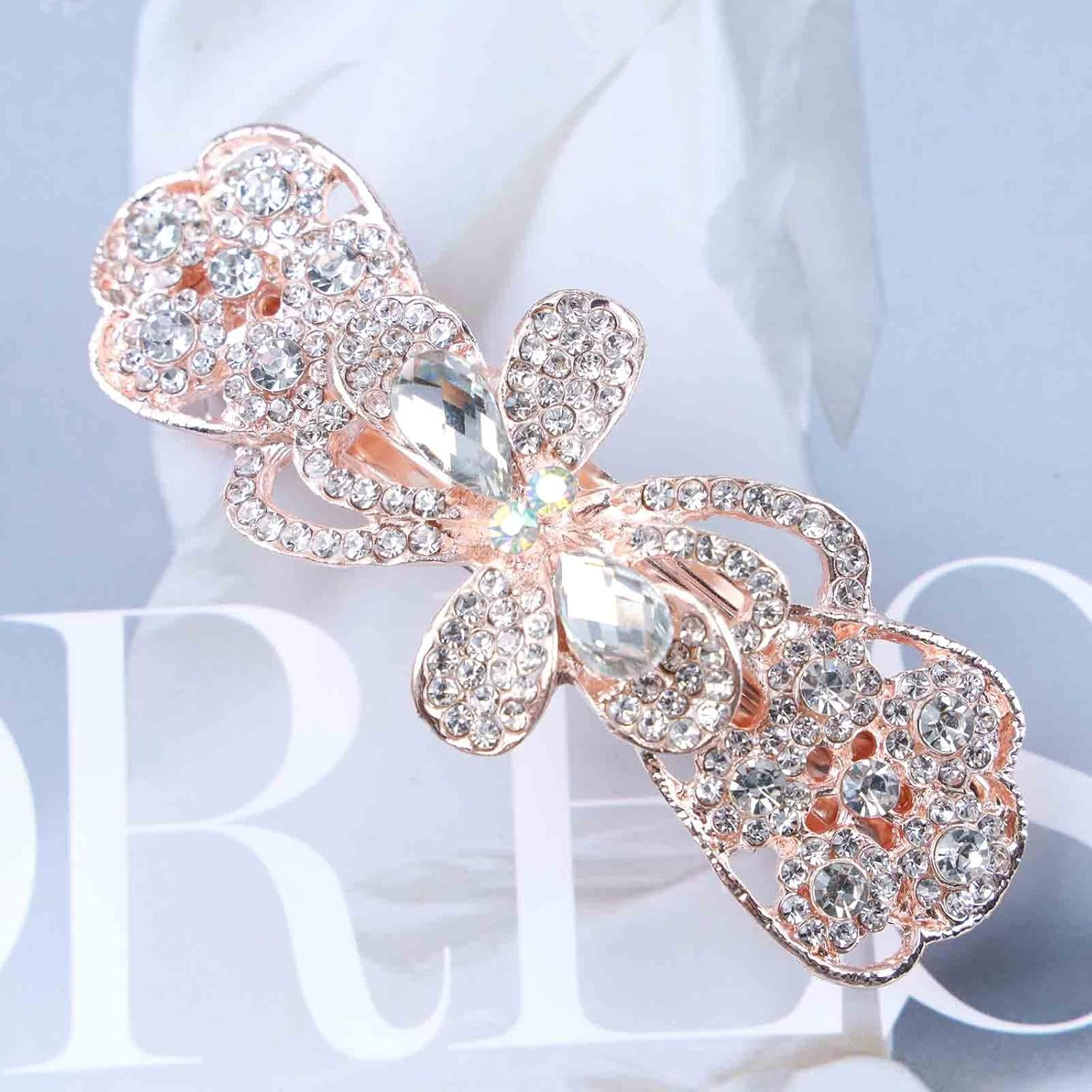 Tseenyi Rhinestone Wedding Hair Clip Bow Crystal Hair Clip Sparkling Bridal Rhinestone Decorative Headwear Crystal Hair Clip Hair Accessories Women and Girls (Gold with Champagne) image number 2