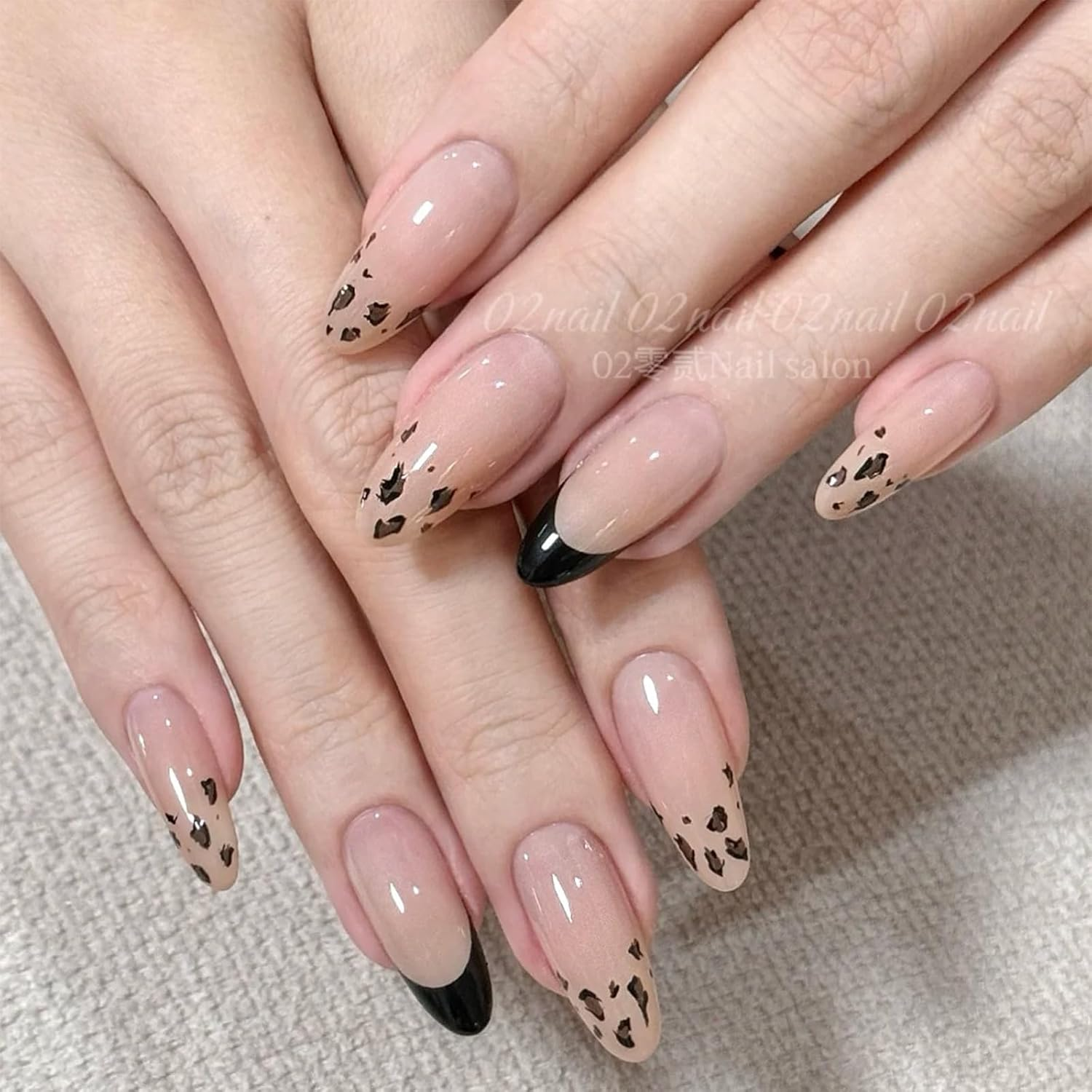 Black French Lace Press on Nails, Almond Shape, Medium Length, Nude Pink with Crystals and Stars Design, Reusable Acrylic Stick-On False Nails for Women, Pack of 24 image number 1