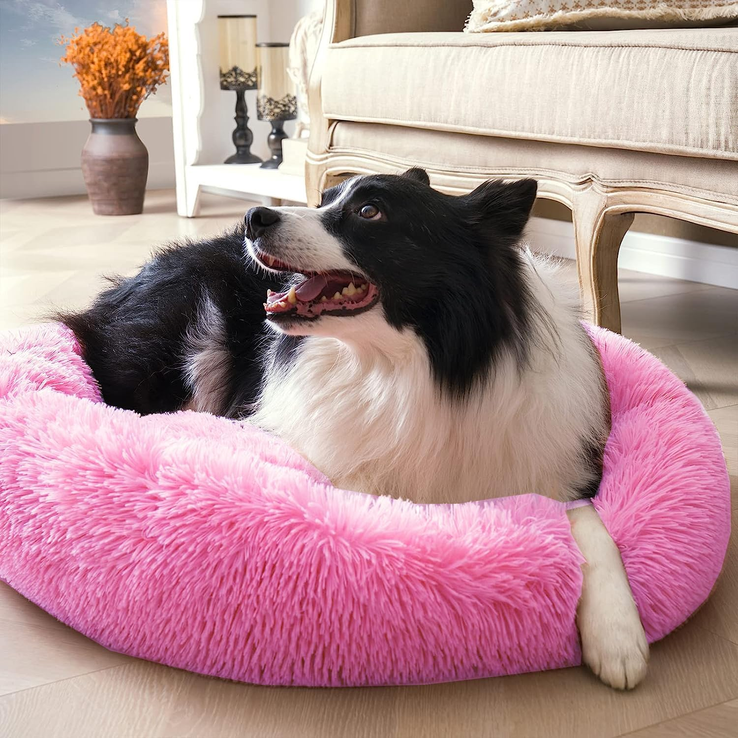 Calming Dog Bed for Small Medium Dogs,24 Inches Anti-Anxiety Donut Dog Cat Cuddler Bed Machine Washable Fluffy Luxury Anti-Slip Waterproof Mute Base Warming Cozy Soft Pet round Bed-Pink - Pink image number 4