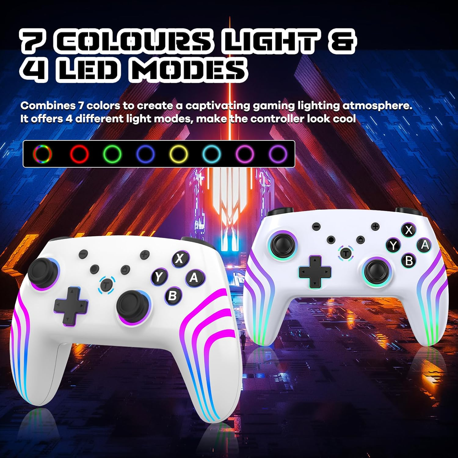 Wireless Controller for Switch/Switch 2/Lite/Oled/Pc, Gamepad with 7 Color Changing RGB Lighting/Dual Vibration/6 Axis Gyroscope/Turbo, White image number 1