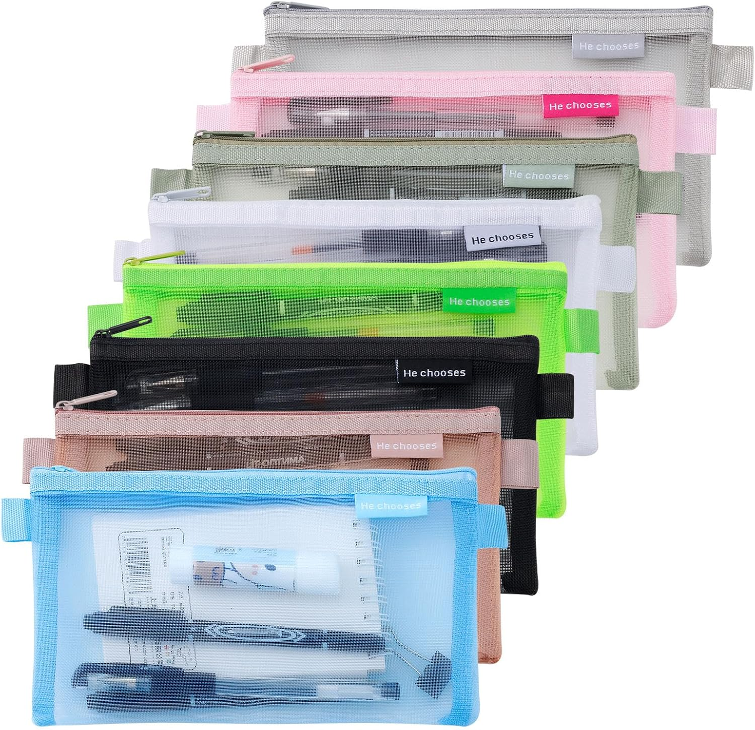 Koceci 8 PCS Nylon Pencil Pouch Zippered, Makeup Bag for Women Grid Mesh Pencil Case Portable Office School Stationery Storage Pouch for Students Adults (Colorful) image number 1