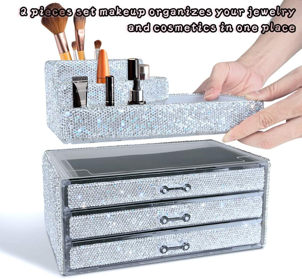 Makeup Organizers Drawer,Jewelry Cosmetic Storage Display Boxes, Makeup Brush Holder, Cosmetic Holder,Bling Diamond Countertop Jewelry Case,2 Pieces Set (Purely Handmade)(White)&hellip; image number 2