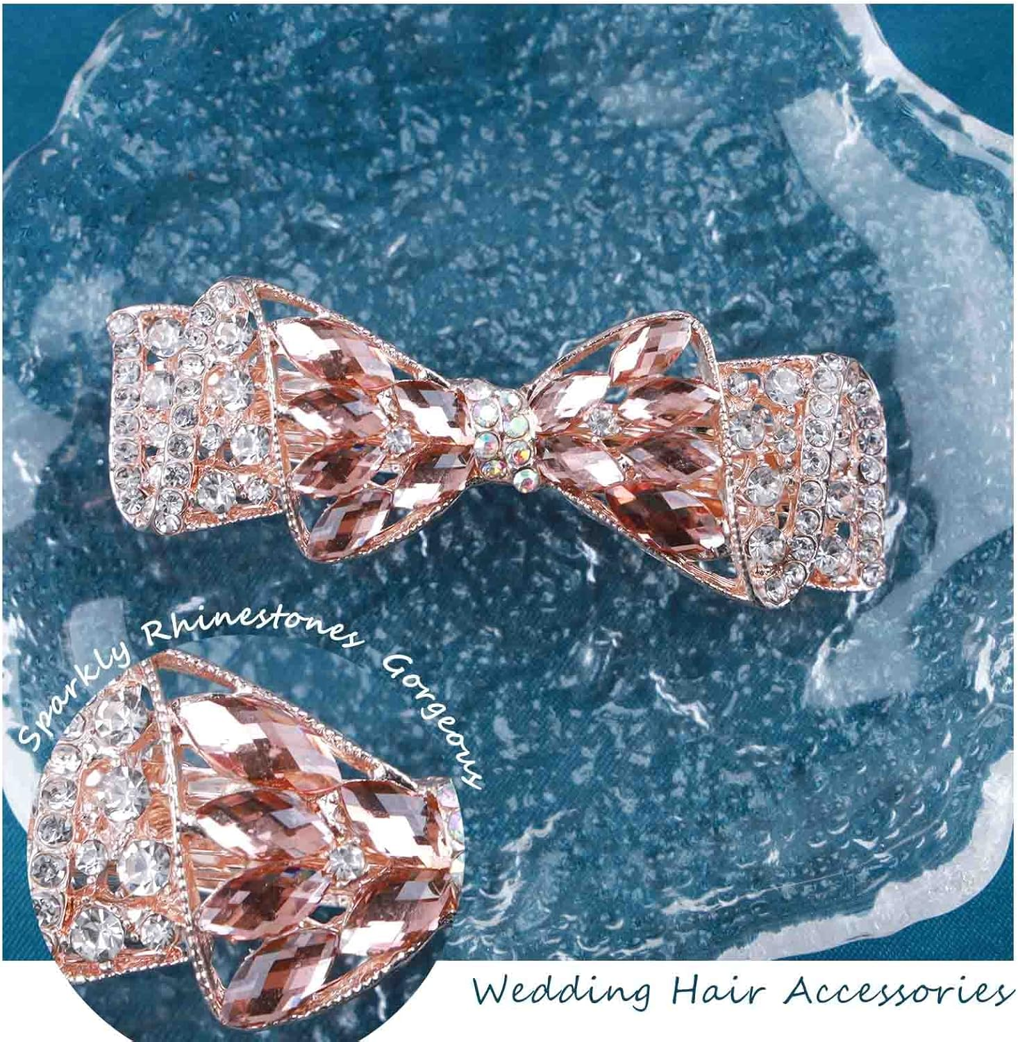 Tseenyi Bow Crystal Hair Clip Rhinestone Wedding Hair Clip Hair Clip Shiny Bridal Crystal Hair Clip Decorative Headwear Gold Gemstone Women and Girls (With Champagne Crystal) image number 3