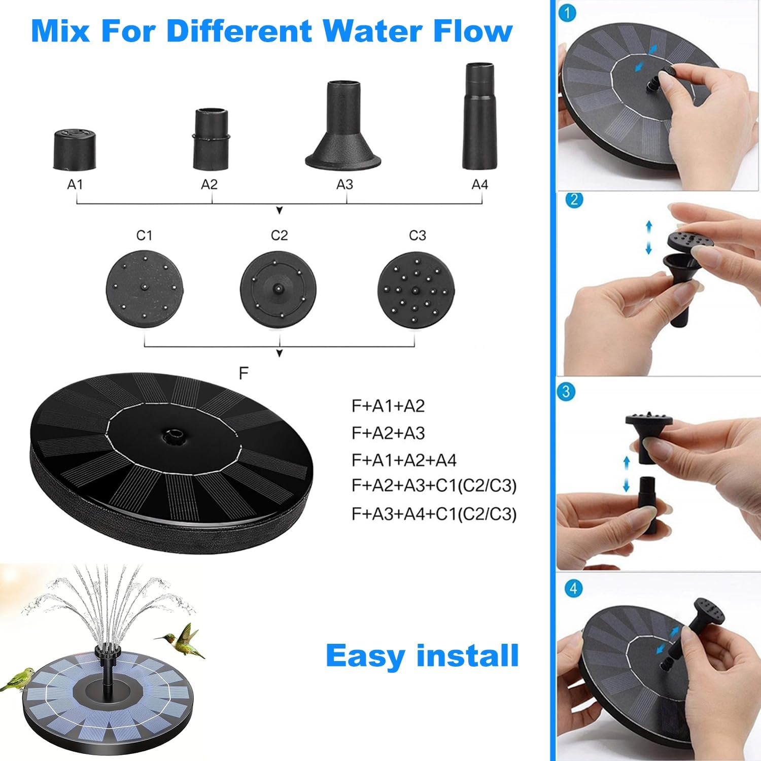 Solar Powered Fountain Pump, 2.5W Floating Bird Bath Fountain for Garden, Pool, Pond, Patio with 6 Nozzles, Eco-Friendly Bath Fountain Pump for Outdoor Decor without Light image number 1