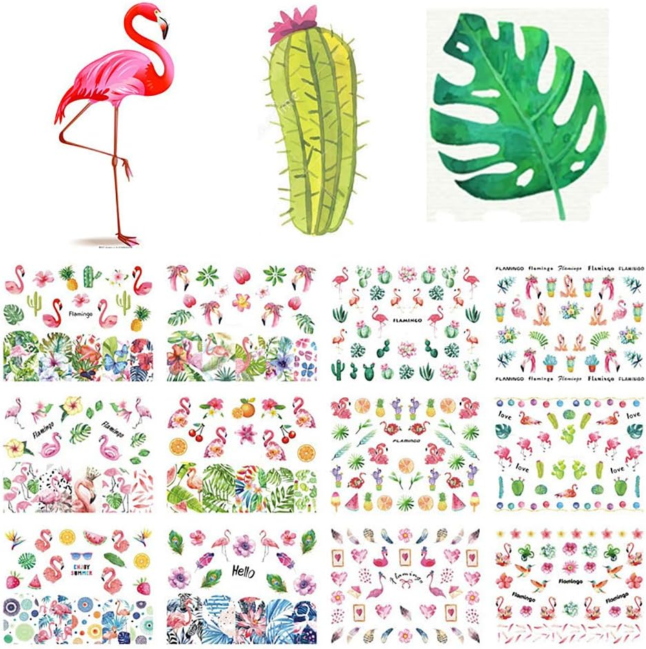 12 Sheets Tropical Plant Leaf Firebird Nail Art Sticker Watermark Nail Stickers Suitable for Women and Girls