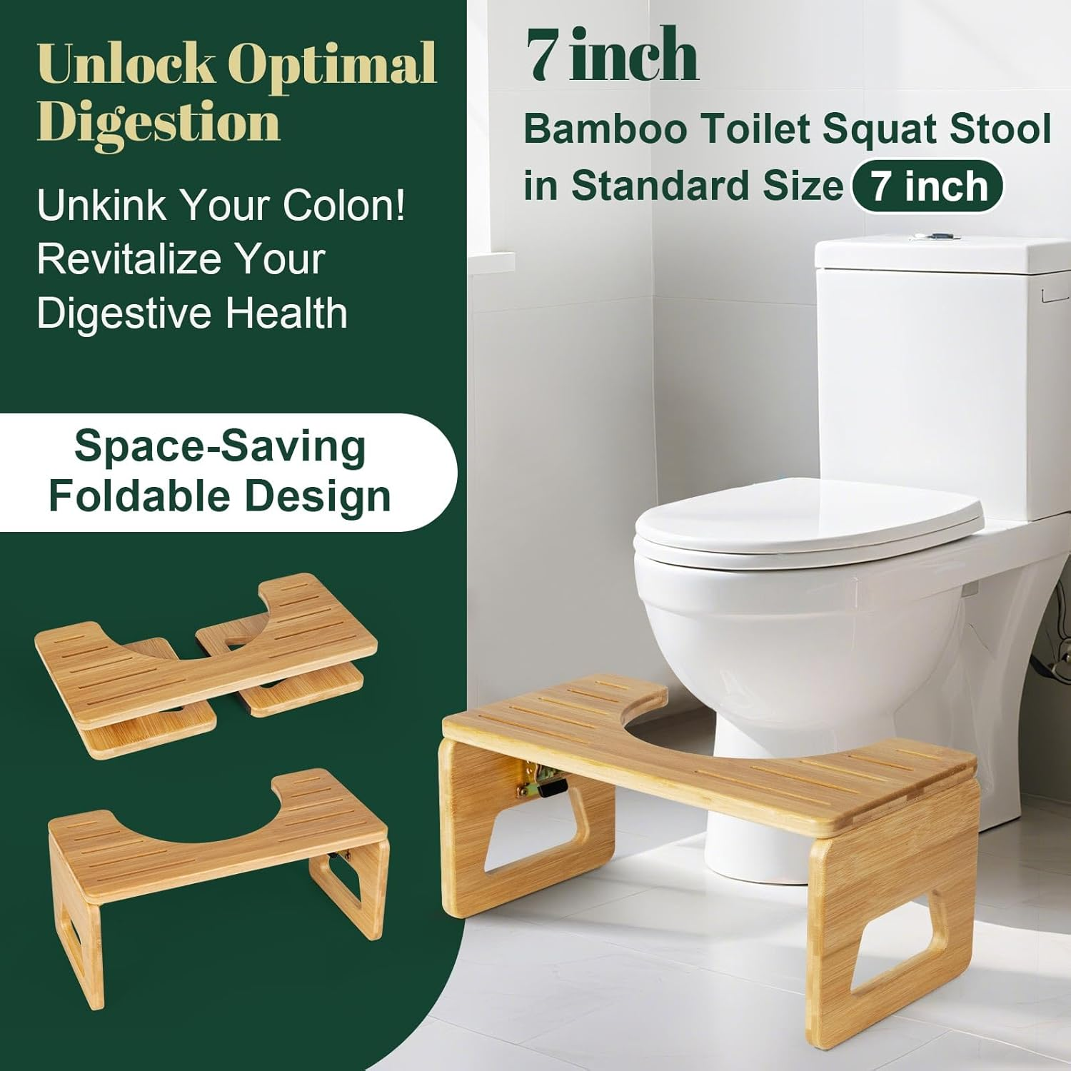 JDCQKHA 7 Inches Bamboo Toilet Stool Squat Adult, Foldable Poop Stool for Bathroom, Portable Potty Stool with Non-Slip Strip, Space-Saving, No Assembly Required (Natural Color) image number 4