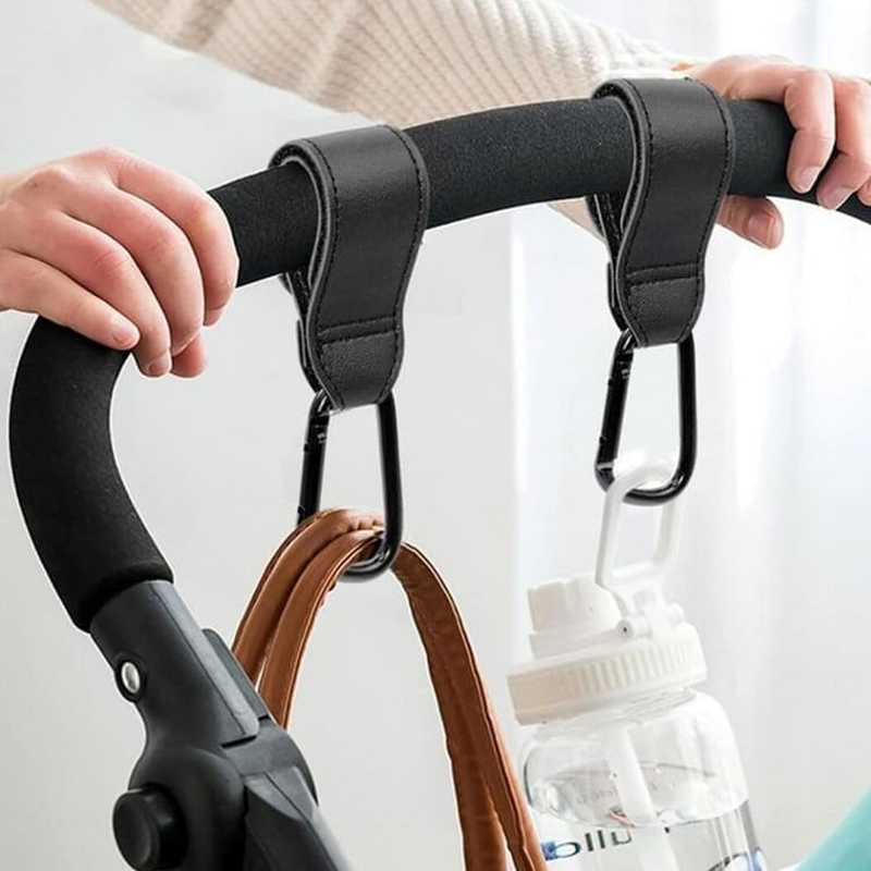 Universal Stroller Hooks for Hanging Bags, Diaper Bag Stroller Straps, Leather Mommy Stroller Clips，Multipurpose Hooks Accessories for Pram, Wheelchair, Shopping and Pet Carts (2PCS Black image number 1