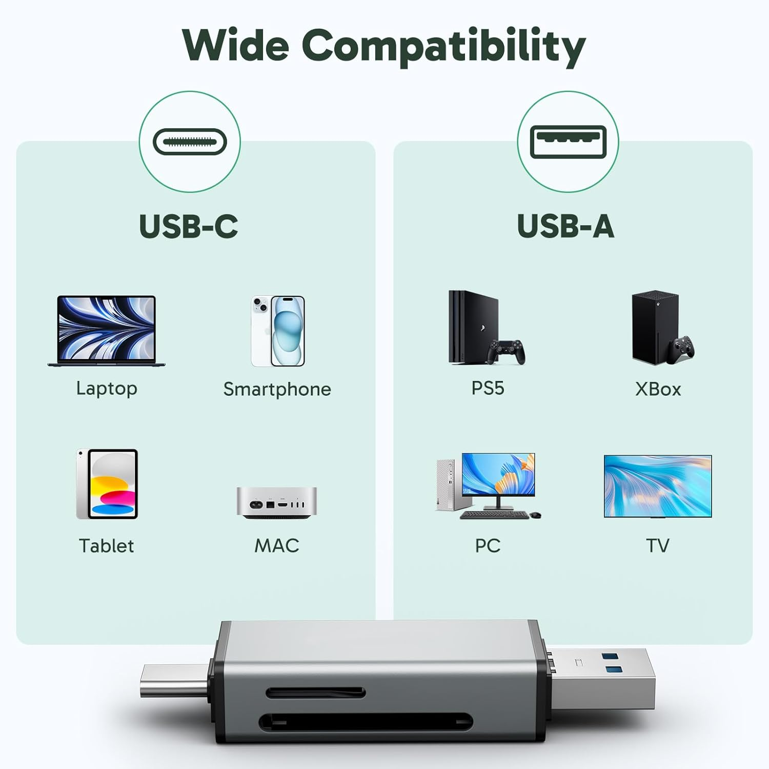 AKASO SD Card Reader, USB C & USB 3.0 Memory Card Reader for Sd/Micro SD/UHS-I/SDXC/SDHC/TF, Compatible with Smartphones, Laptops, Tablets, Personal Computer and Cameras image number 6