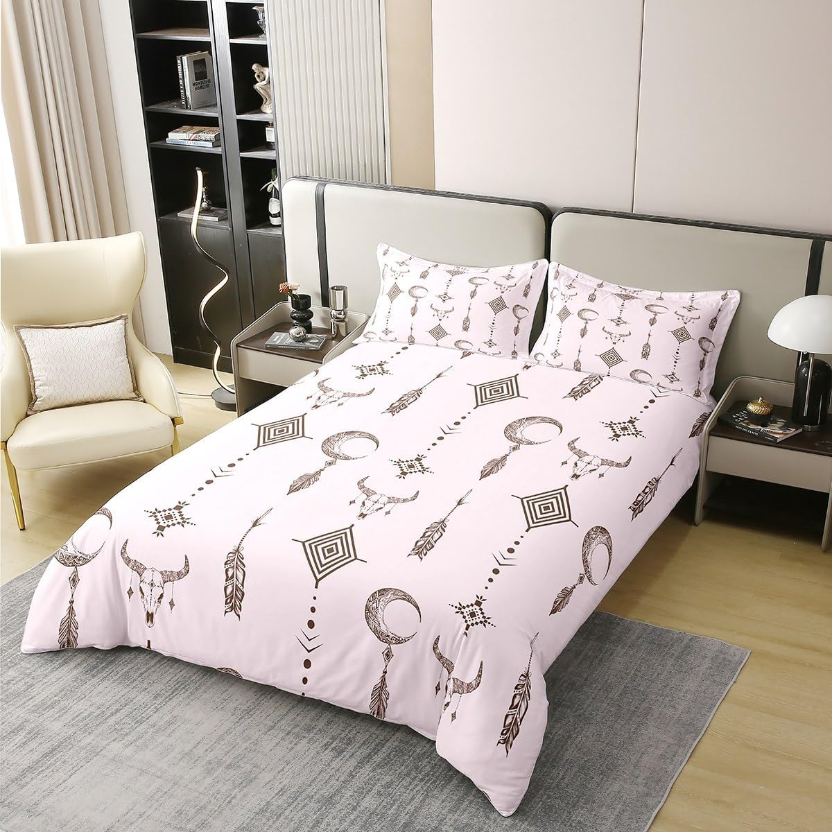 Aztek 100% Cotton Duvet Cover 200 X 200 Cm Western Tribal Bedding Set for Girls Rustic Square Bull Skull Horns Ethnic Bed Linen Geometric Retro Cow Boho Arrows Feathers Pink Bed Set image number 1