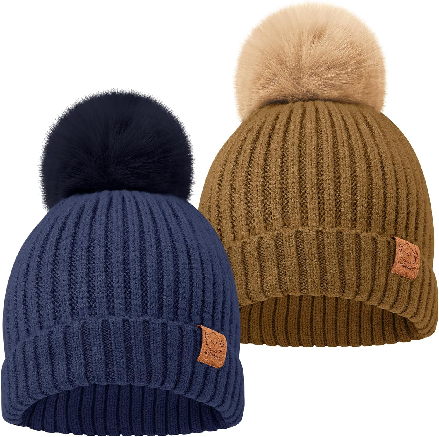 Keababies 2-Pack Baby Hats for Girls, Boys - Stretchy Baby Beanies, Cute Newborn & Toddler Winter Hat, Soft & Warm Pom Pom Beanie for Infant, Toddler, Boys, Girls 0-6 Months (Rust, S)