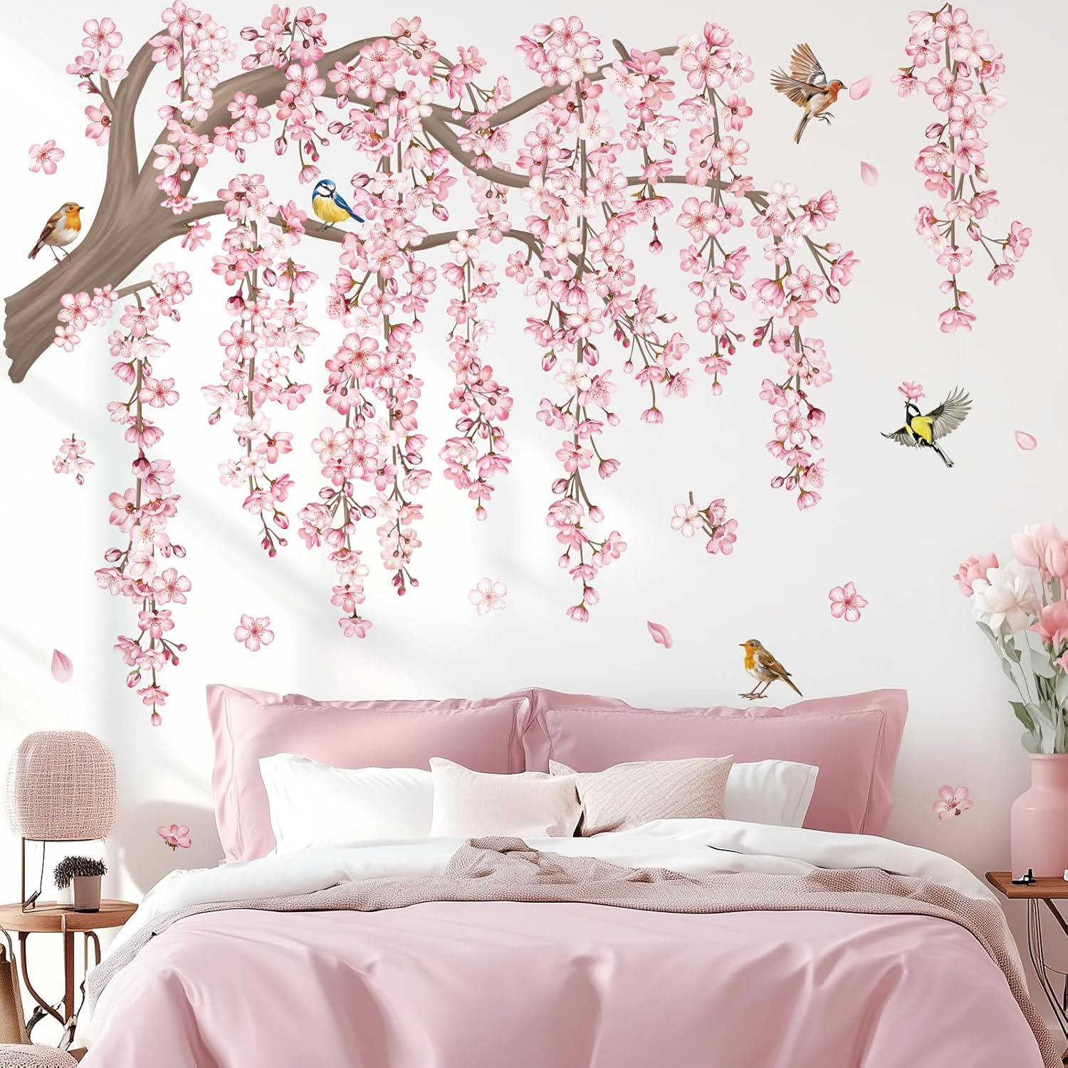 Decalmile Large Pink Flower Tree Branch Wall Decals Cherry Blossom Tree Floral Birds Wall Stickers Living Room Bedroom Tv Background Wall Decor image number 2
