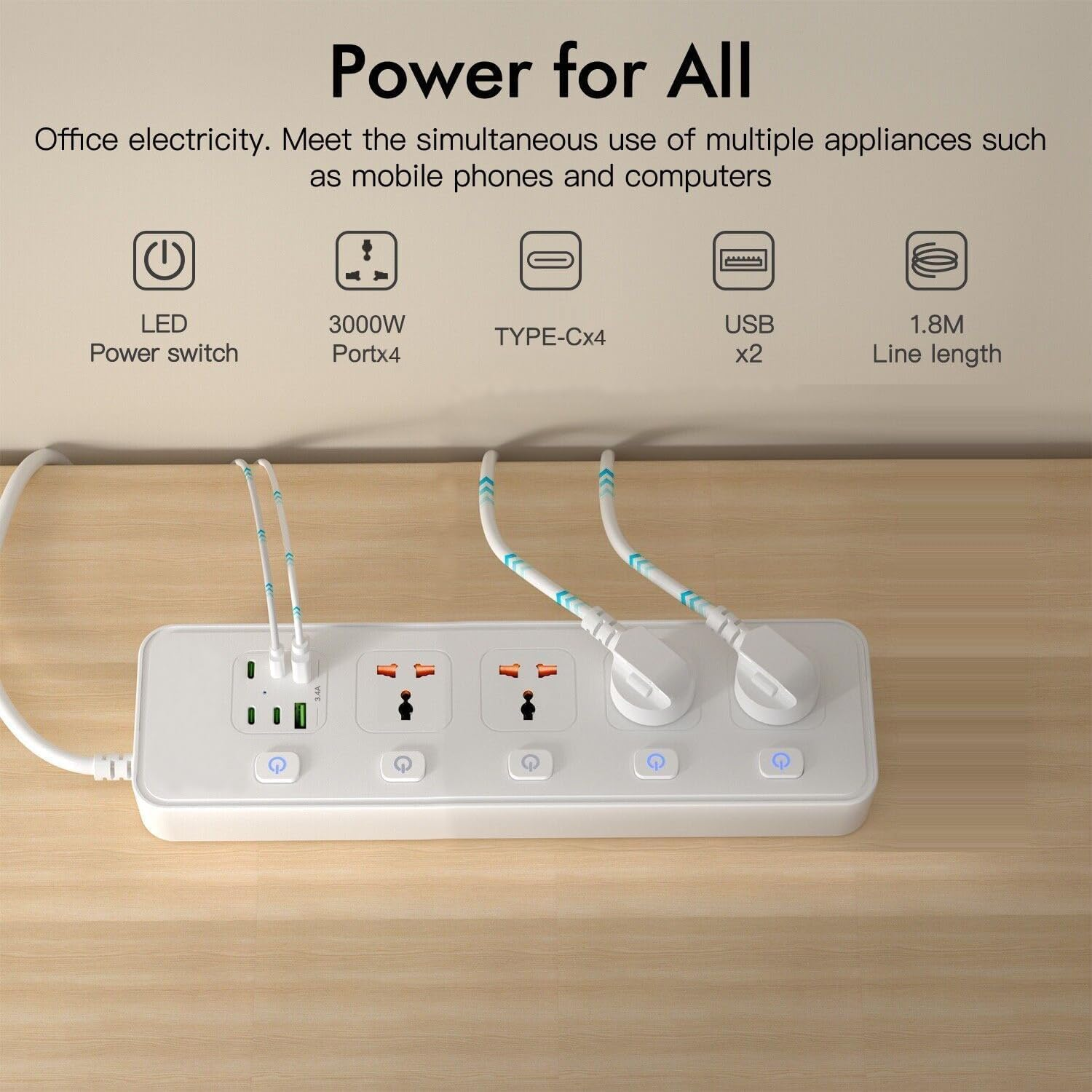 Extension Cable with USB Slots, 4-Way Sockets with 4 USB-C Ports and 2 USB Ports, 3250 W Single Switch, 1.8 M Extension Cable with Protected Power Strips, EU Multi Plug Adapter, White image number 4