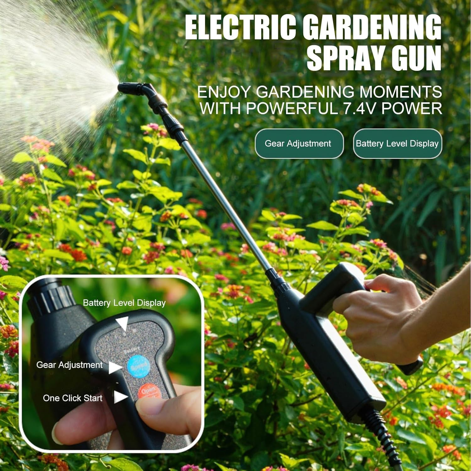 Electric Plant Sprayer, Battery Powered Sprayer, Portable Multi-Purpose Garden with 5 M,Retractable Wand and 4 Nozzles for Garden,Terrace,Car Wash, Lawn and Weeds (4 Nozzle) image number 6