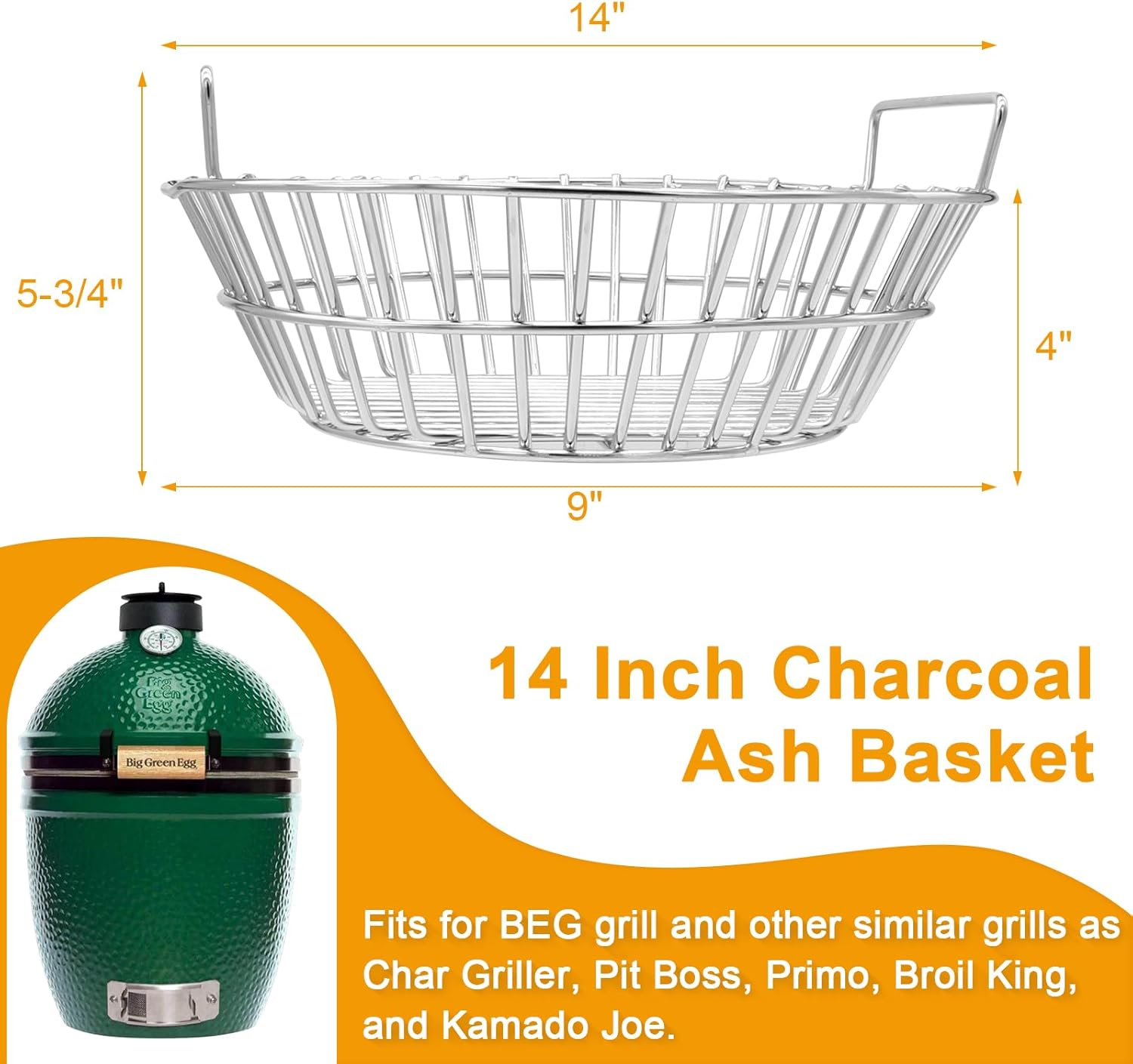 14 Inch Stainless Steel Charcoal Grill Ash Basket for Large BGE Kamado Joe Classic and Other Similar Grills image number 1