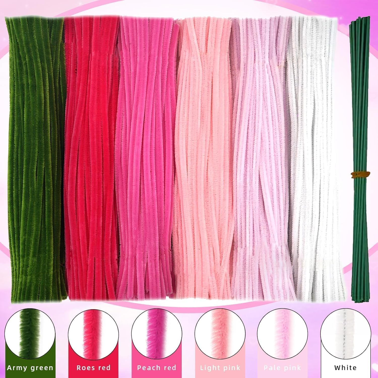 BEANPRECOY 620 Pieces Pipe Cleaners Craft Set 600 Pcs Pastel Chenille Stems with 20 Pcs Flower Stems Craft Supplies Bulk for DIY Art and Craft Projects Creative Wrapping Party Decorations(Pink Series) image number 4