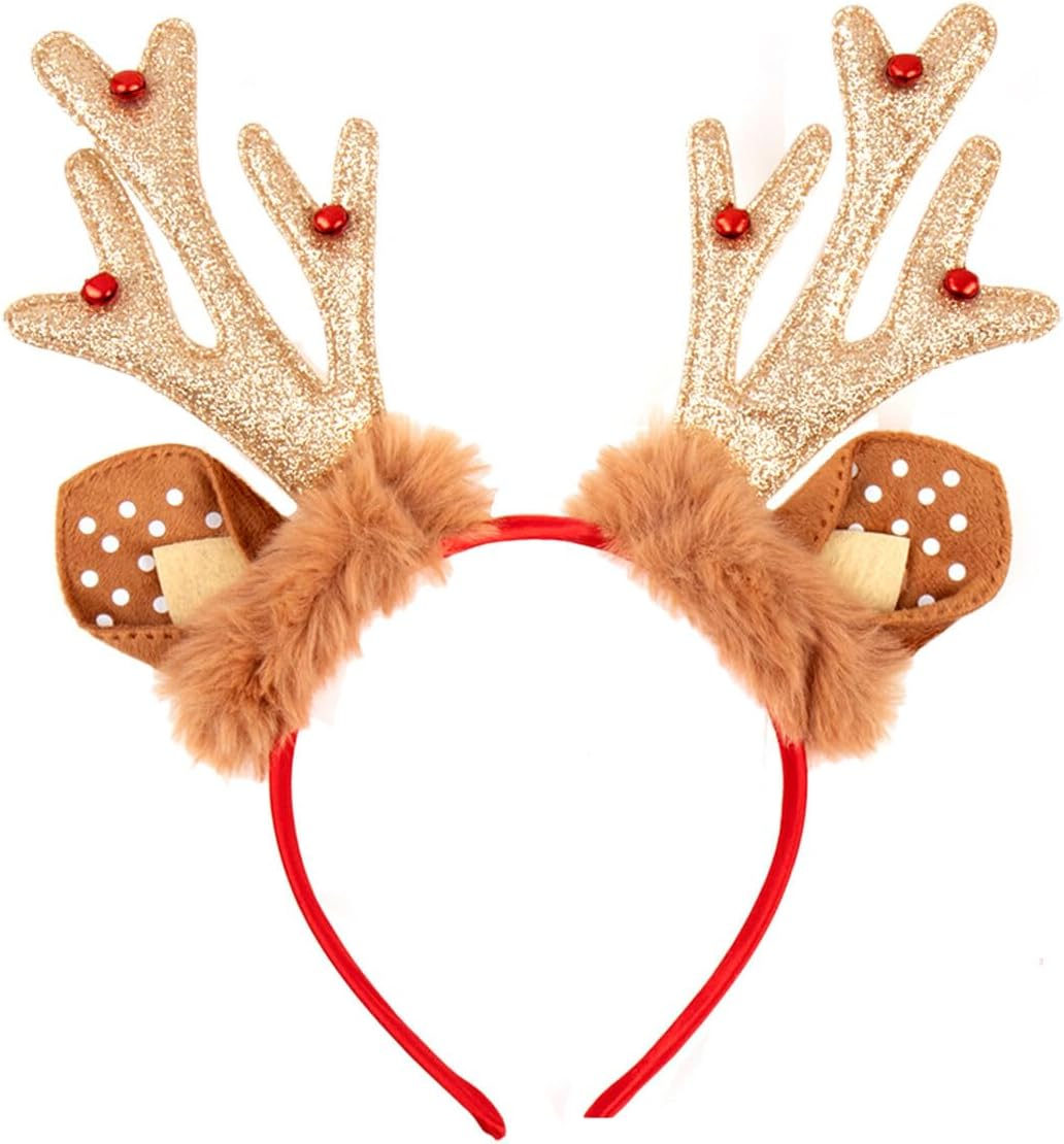 FIL Adult Kids Christmas Xmas Novelty Headband Hat Costume Hair Clip Reindeer Santa [Design: Antlers W Fur (Brown)] image number 1