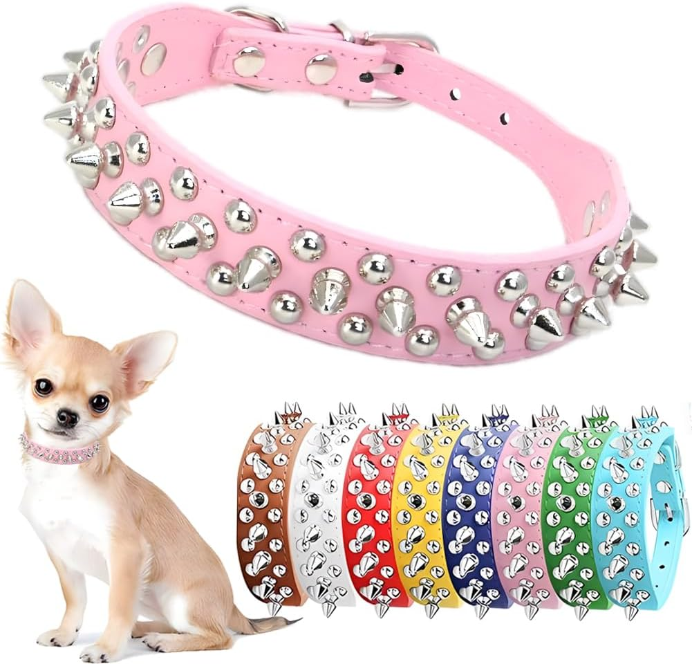 Spiked Dog Collar for Small Dogs Soft PU Leather Spike Puppy Collar anti Bite Studded Rivet Cat Collar for Kittens Small Medium Pets like Chihuahua Pug Pit Bull Bulldog, Pink S