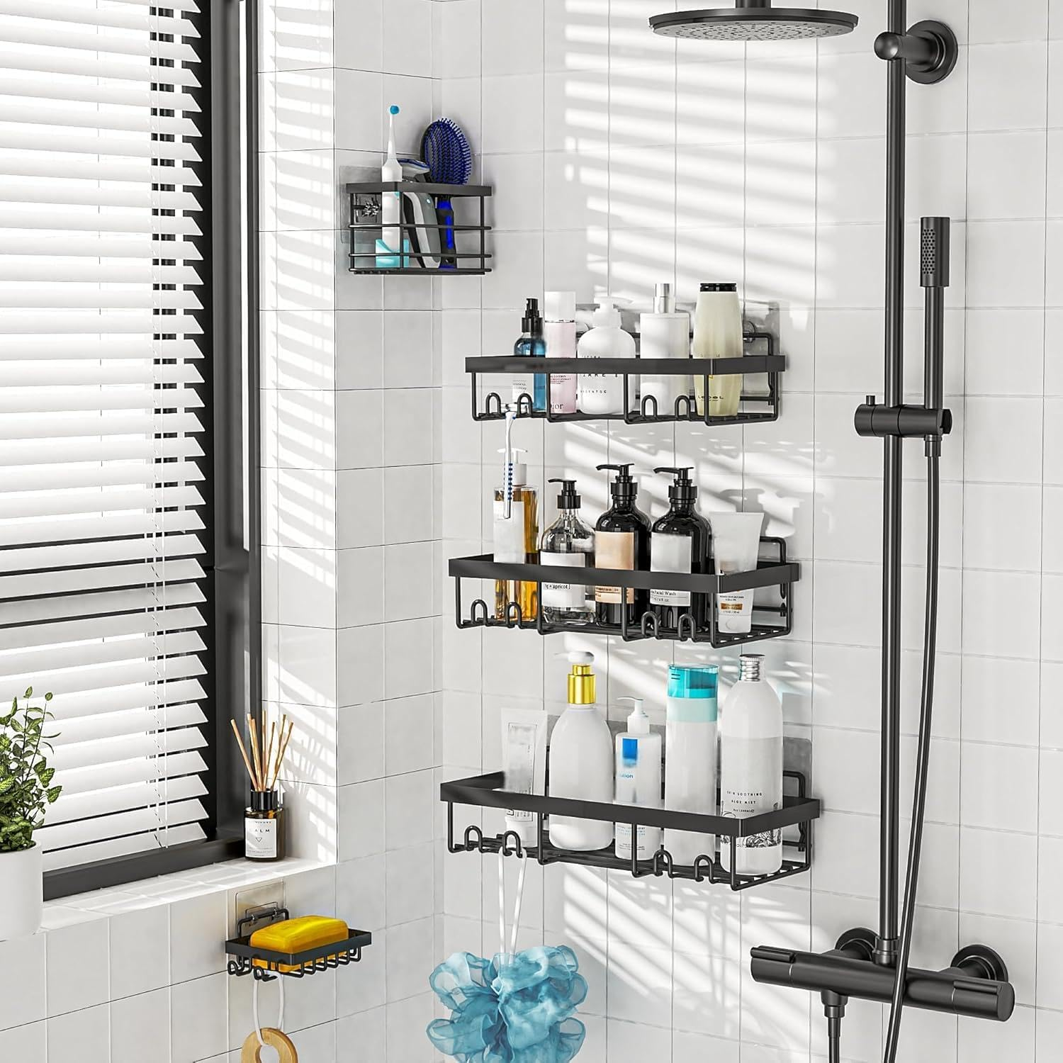 Moforoco Shower Caddy Shelf Organizer Rack, Self Adhesive Black Bathroom Shelves Basket, Home Farmhouse Wall Shower inside Organization and Storage Decor Rv Accessories, Metal Black image number 7