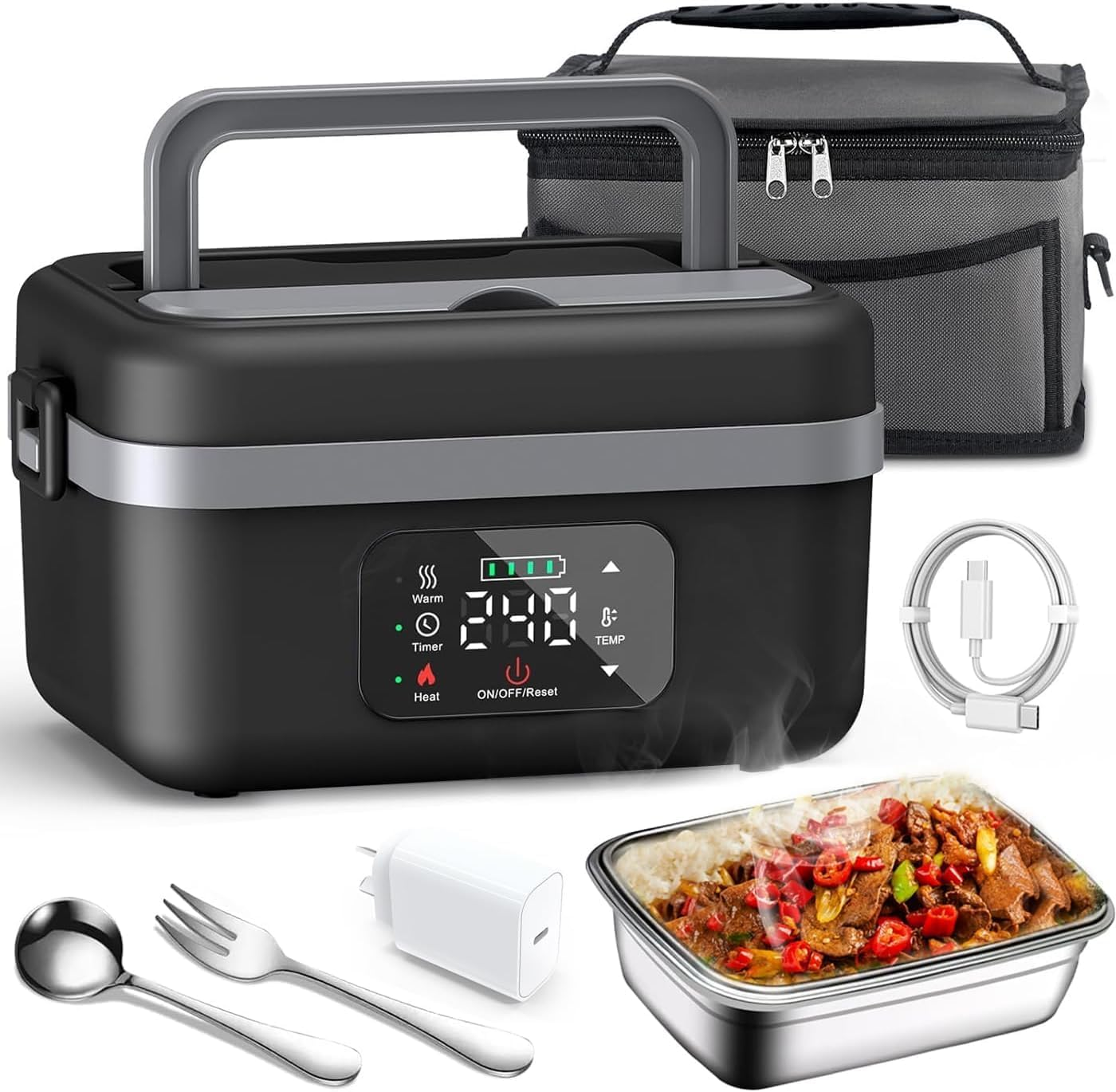 Portable Electric Lunch Box Food Warmer Heater Adult with Fork Spoon Carry Bag, Cordless Waterless Heating, Thermal Stainless Steel Lunch Box Insulated, Bento Lunchbox image number 4