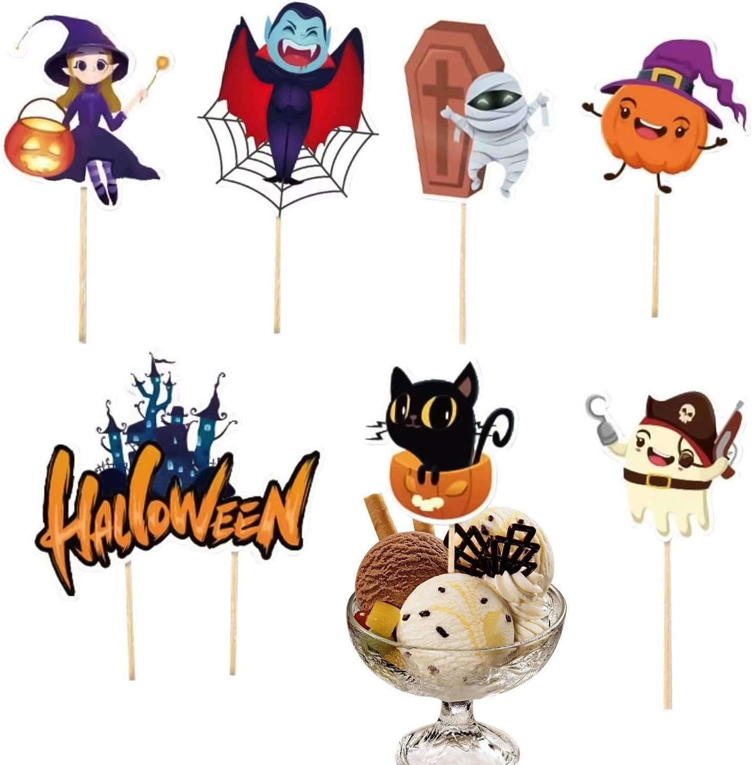Halloween Dessert Toppers - 7X Cat Cake Decorations,Castle, Zombie, Ghost, Witch, Black Cat, Vampire, Pumpkin Fruit Food Cake Topper for Birthday image number 4